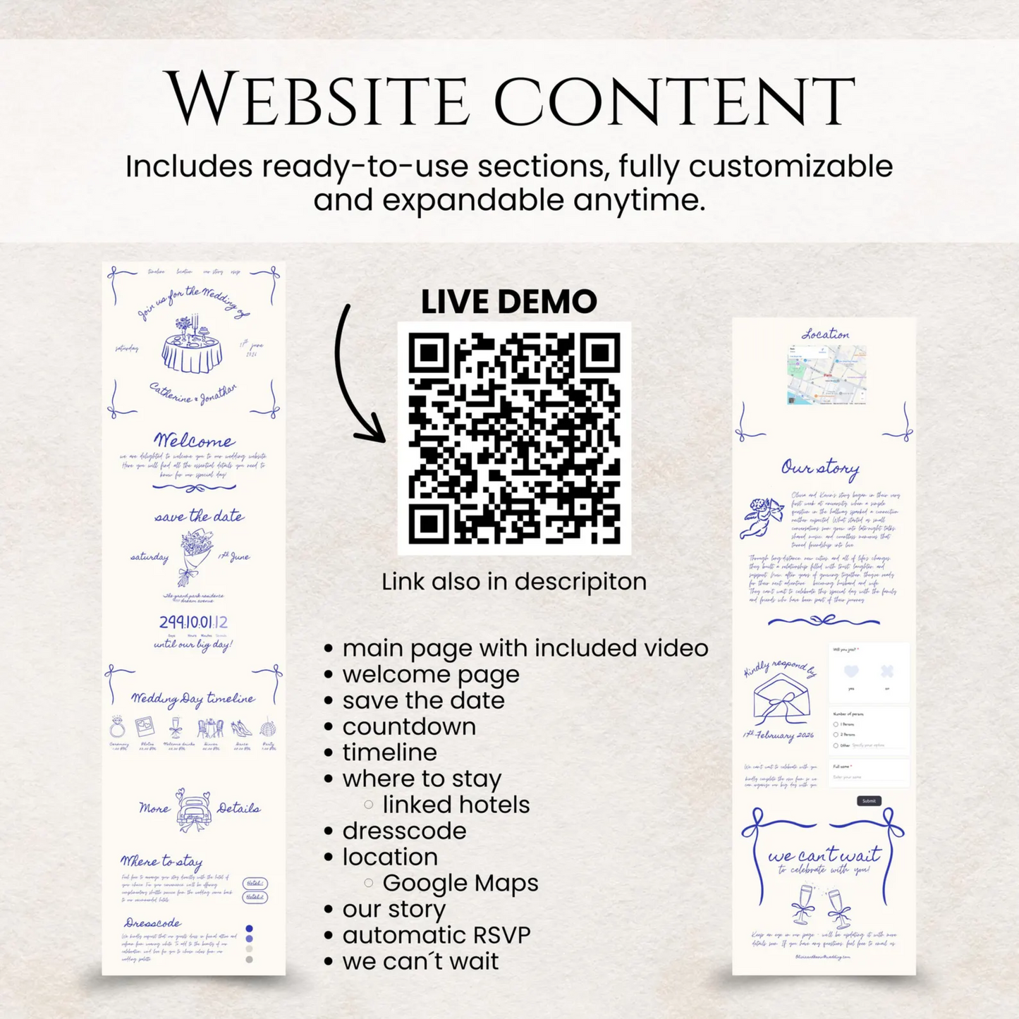 Luxury Wedding Website Template one pager | Whimsical Doodle Floral Aesthetic