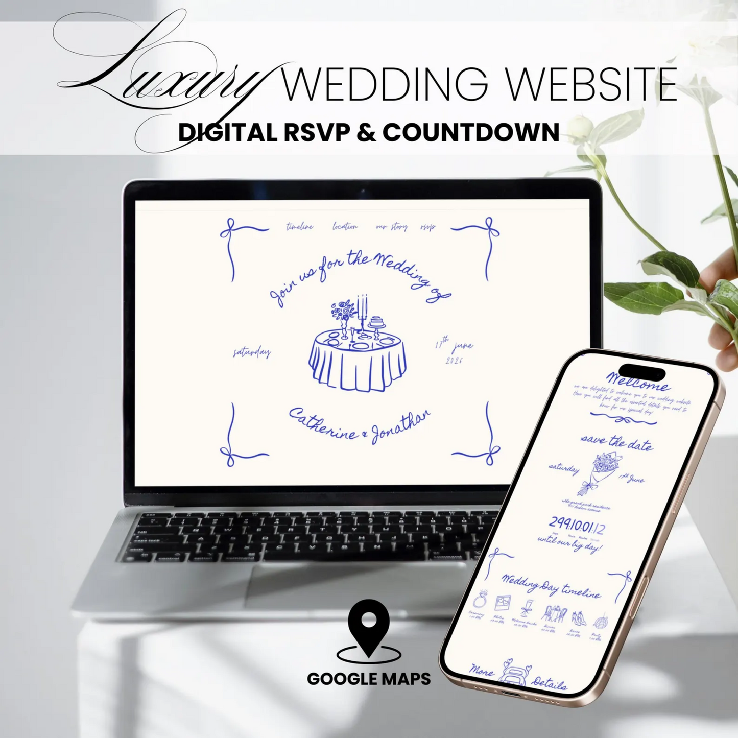 Luxury Wedding Website Template one pager | Whimsical Doodle Floral Aesthetic