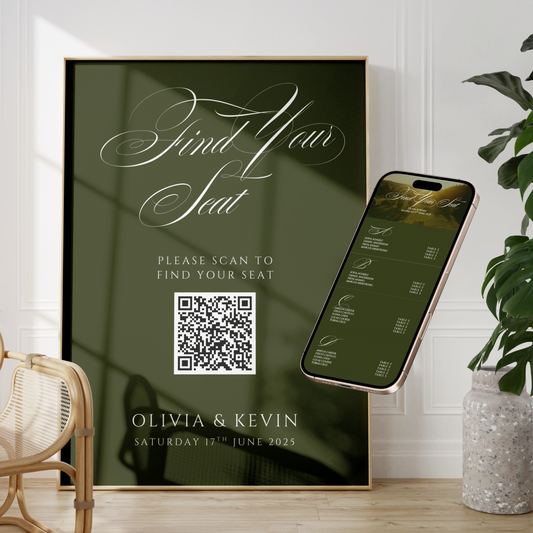 White countryside wedding seating chart sign with qr code and phone preview in old money style