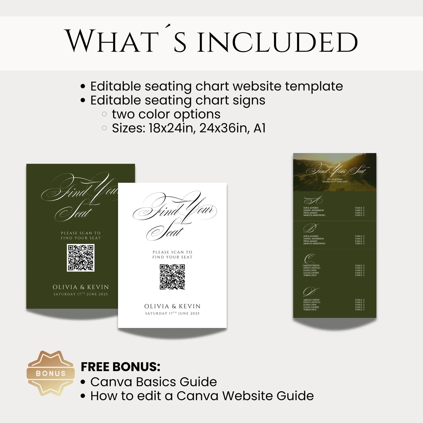 Overview of wedding seating chart bundle green and white printable qr code signs and digital seating chart countryside old money style
