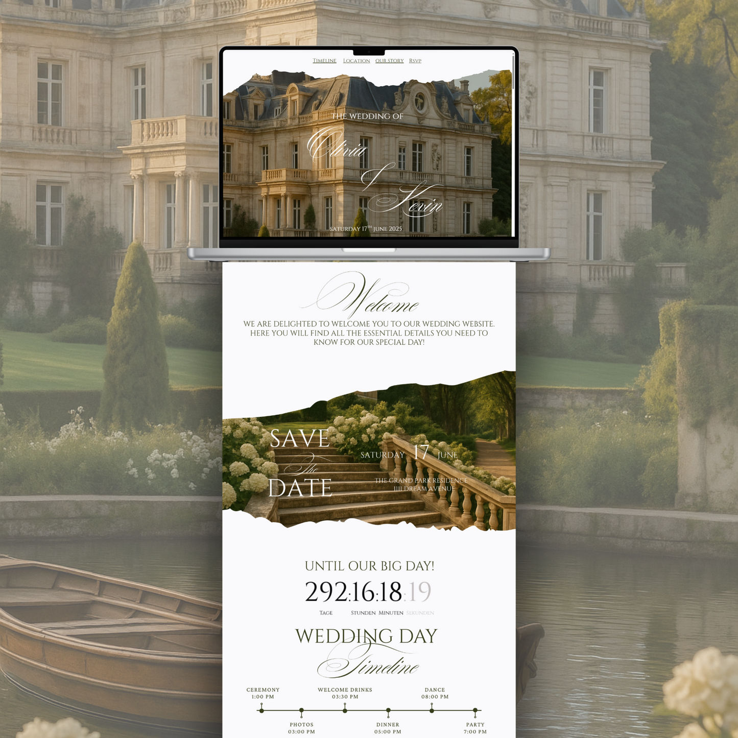 Luxury Wedding Website Template one pager | Italian Villa Green Aesthetic