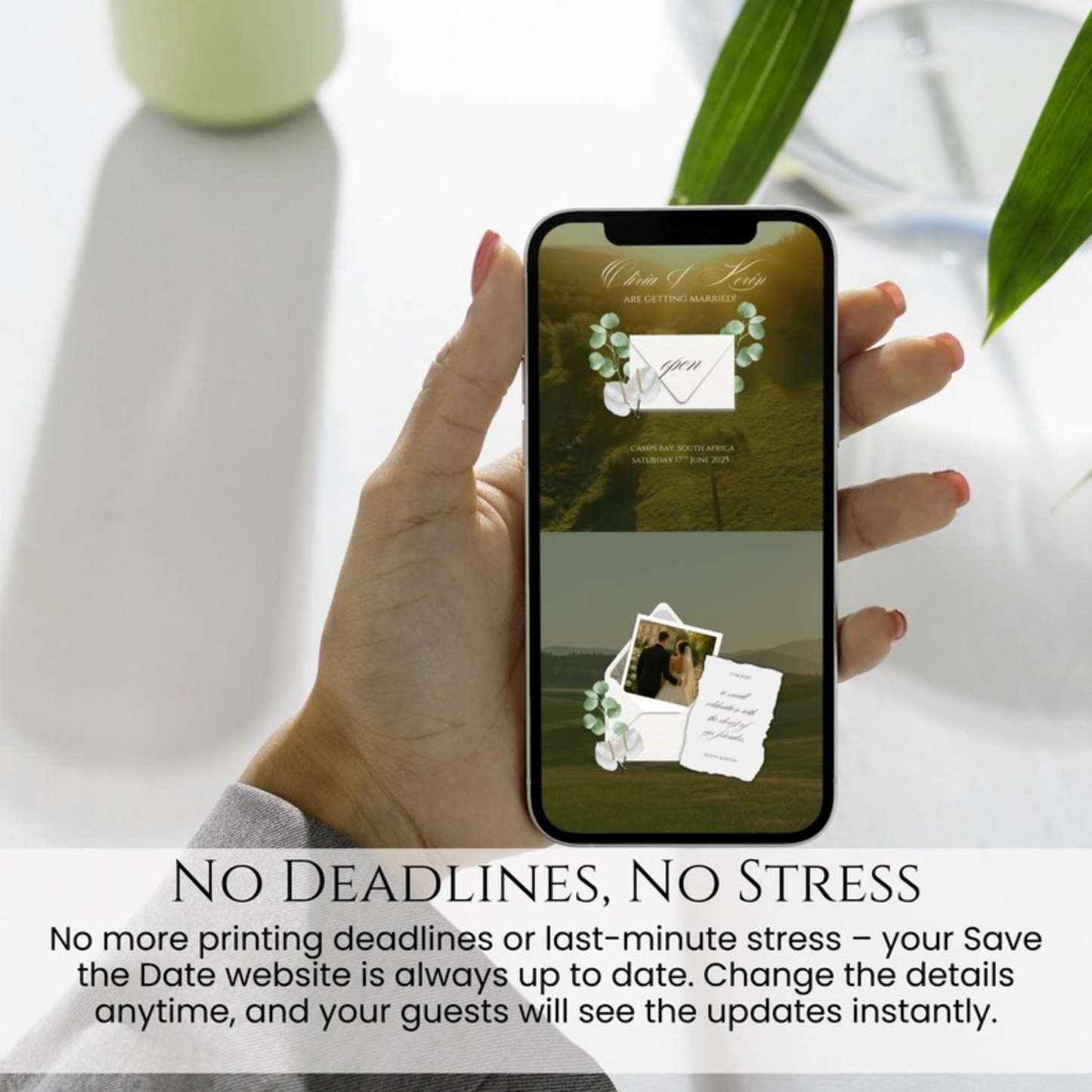 Mobile view of digital Save the Date invitation showing envelope and eucalyptus on green hills; edits update instantly for guests.