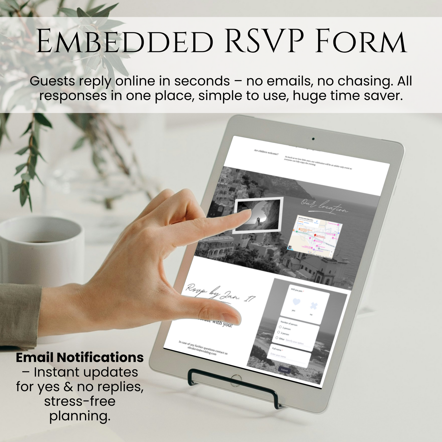 Destination Black and White Wedding Website Template with embedded RSVP form for guests