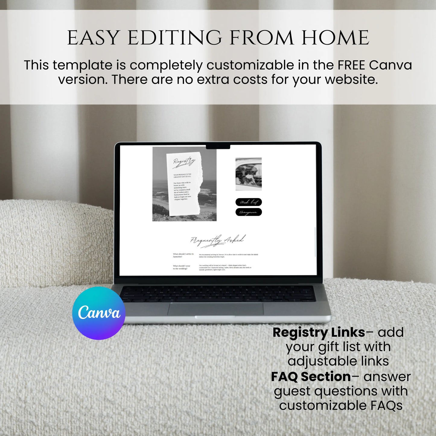 Destination Black and White Wedding Website Template easy editing from home in Canva