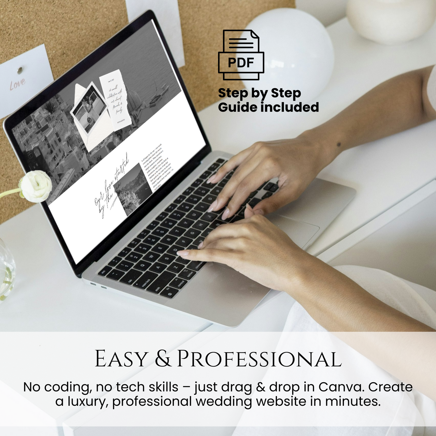 Destination Black and White Wedding Website Template easy professional Canva editing on laptop