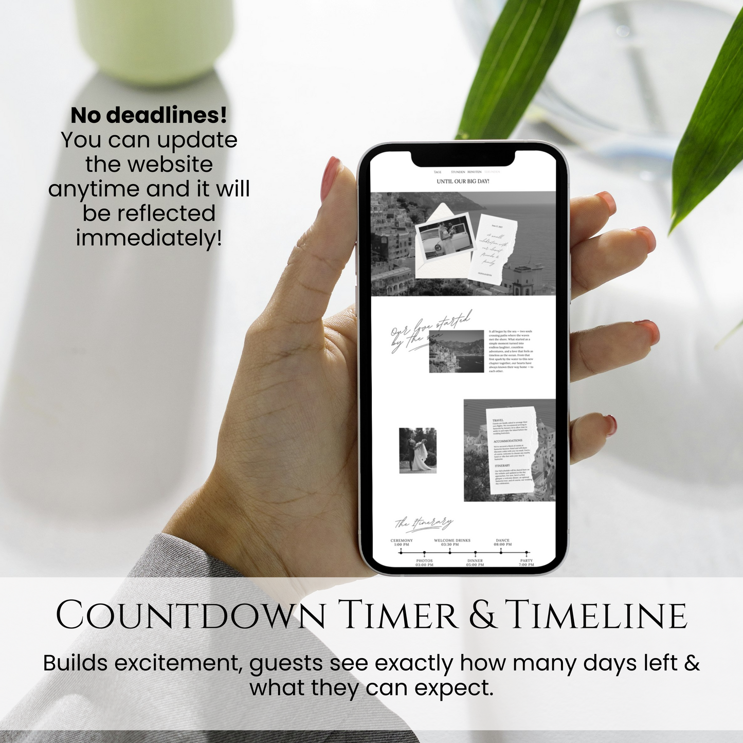 Destination wedding website template in black and white with countdown timer and wedding day timeline