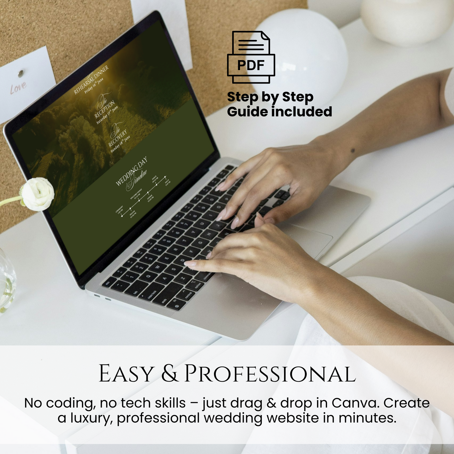 Easy professional Canva wedding website template on laptop with step-by-step PDF guide included.