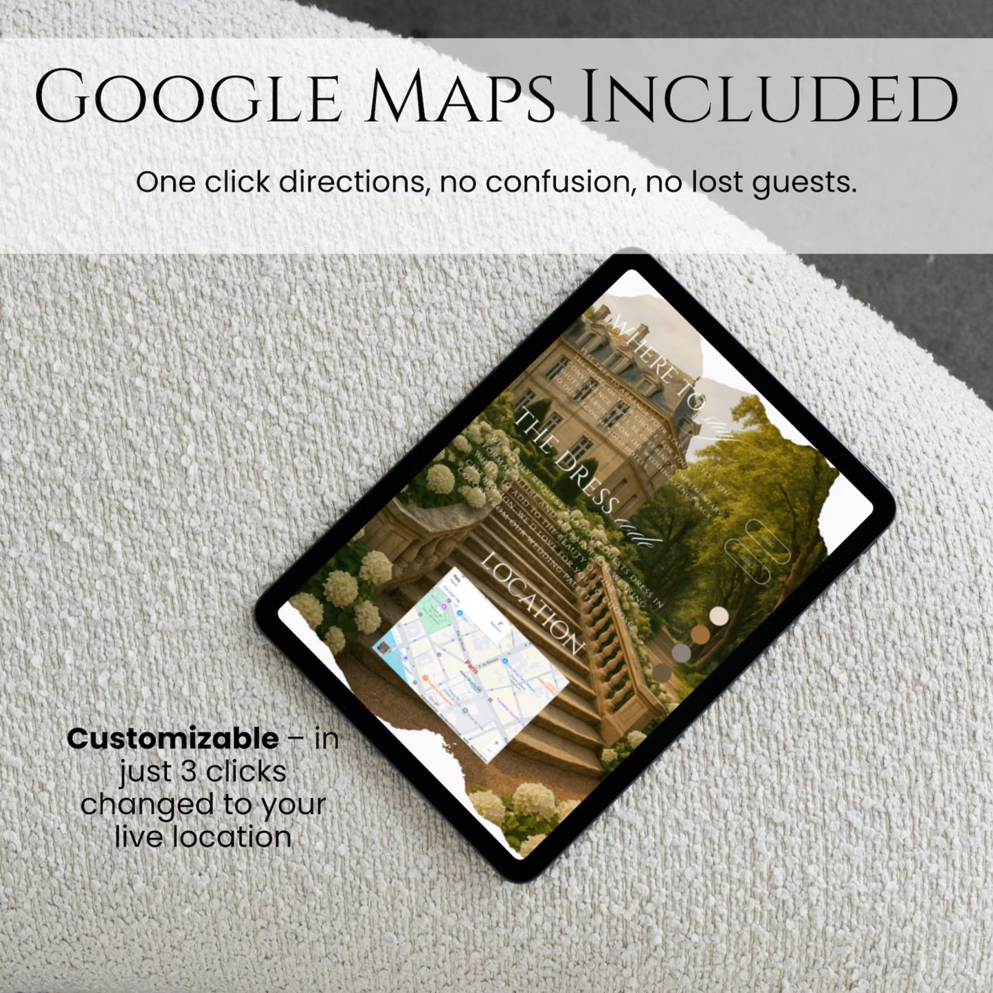 Wedding website template with Google Maps integration. One-click directions for your guests – luxury Italian villa greenery aesthetic.