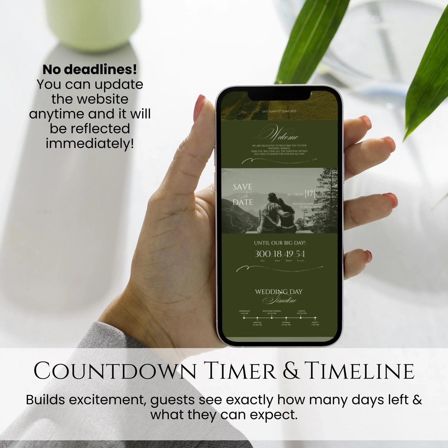 Luxury greenery countryside wedding website template with countdown timer and wedding timeline save the date