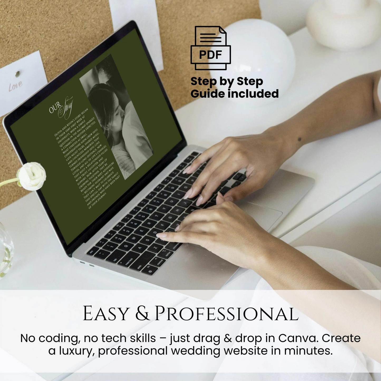 Editable greenery countryside wedding website template with Our Story section in Canva