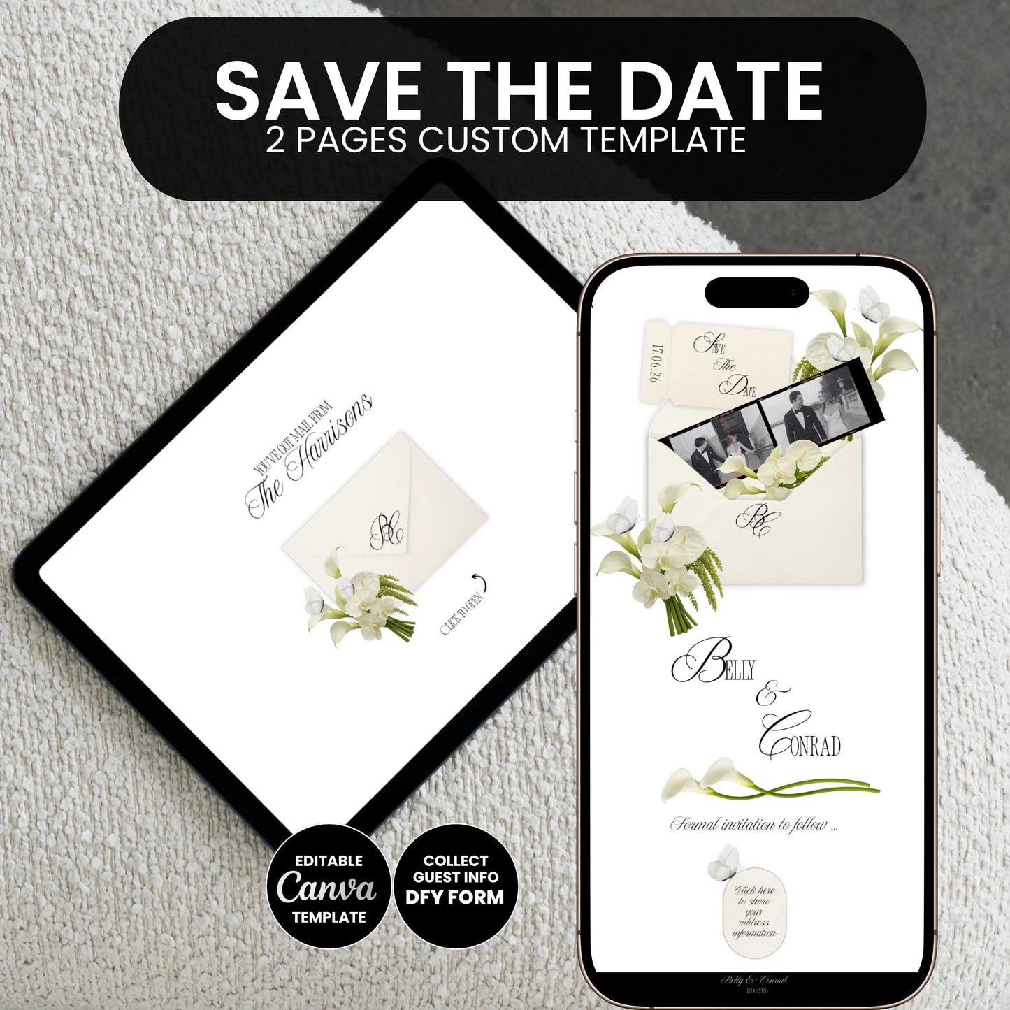 Luxury save the date wedding website Canva template