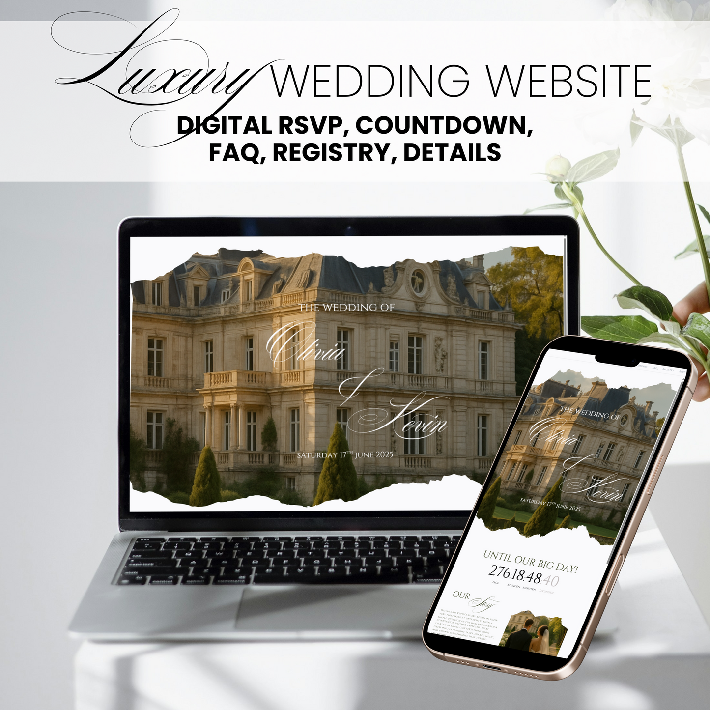 Responsive wedding website template preview on laptop and mobile with RSVP and countdown