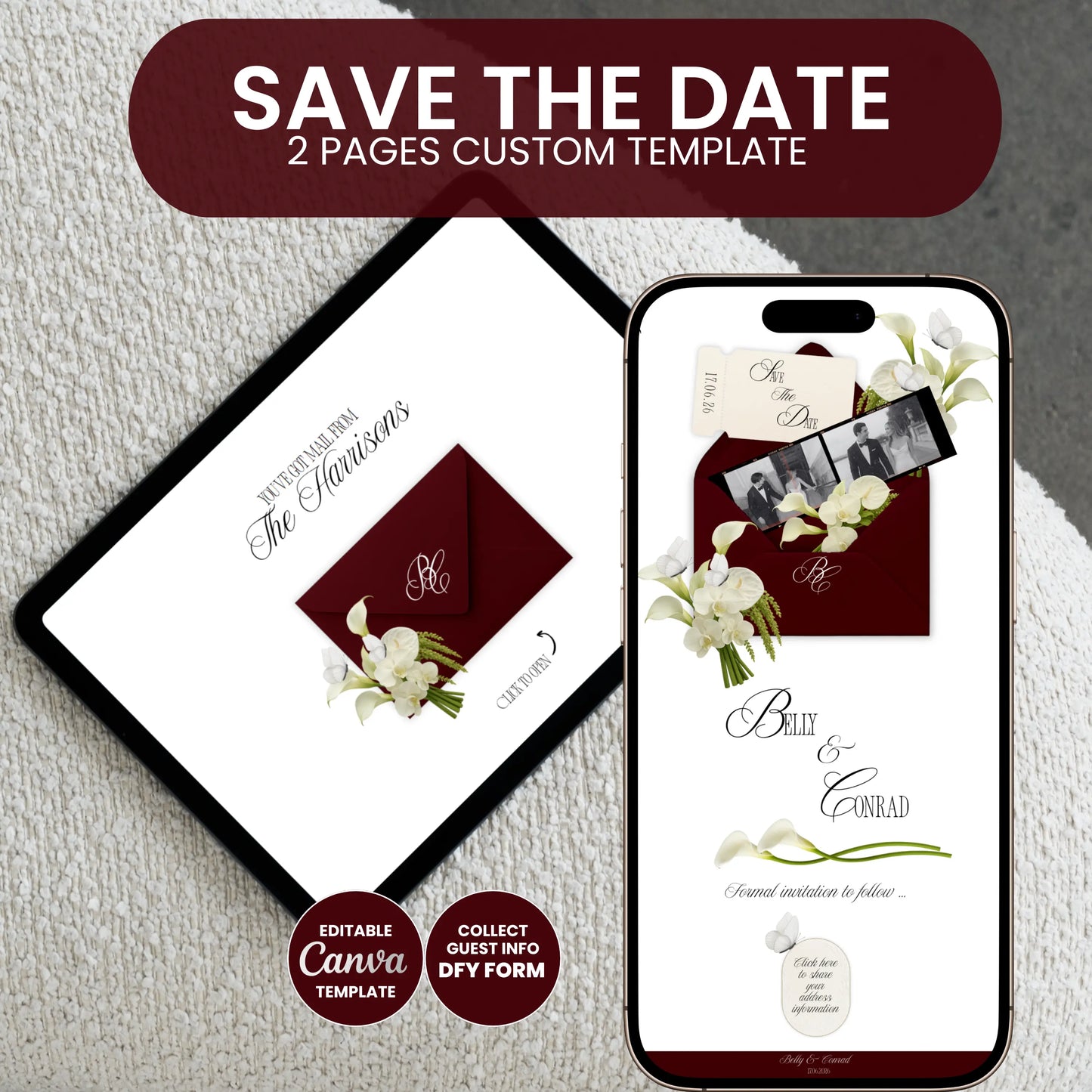 Save the date Canva wedding website with animated envelope