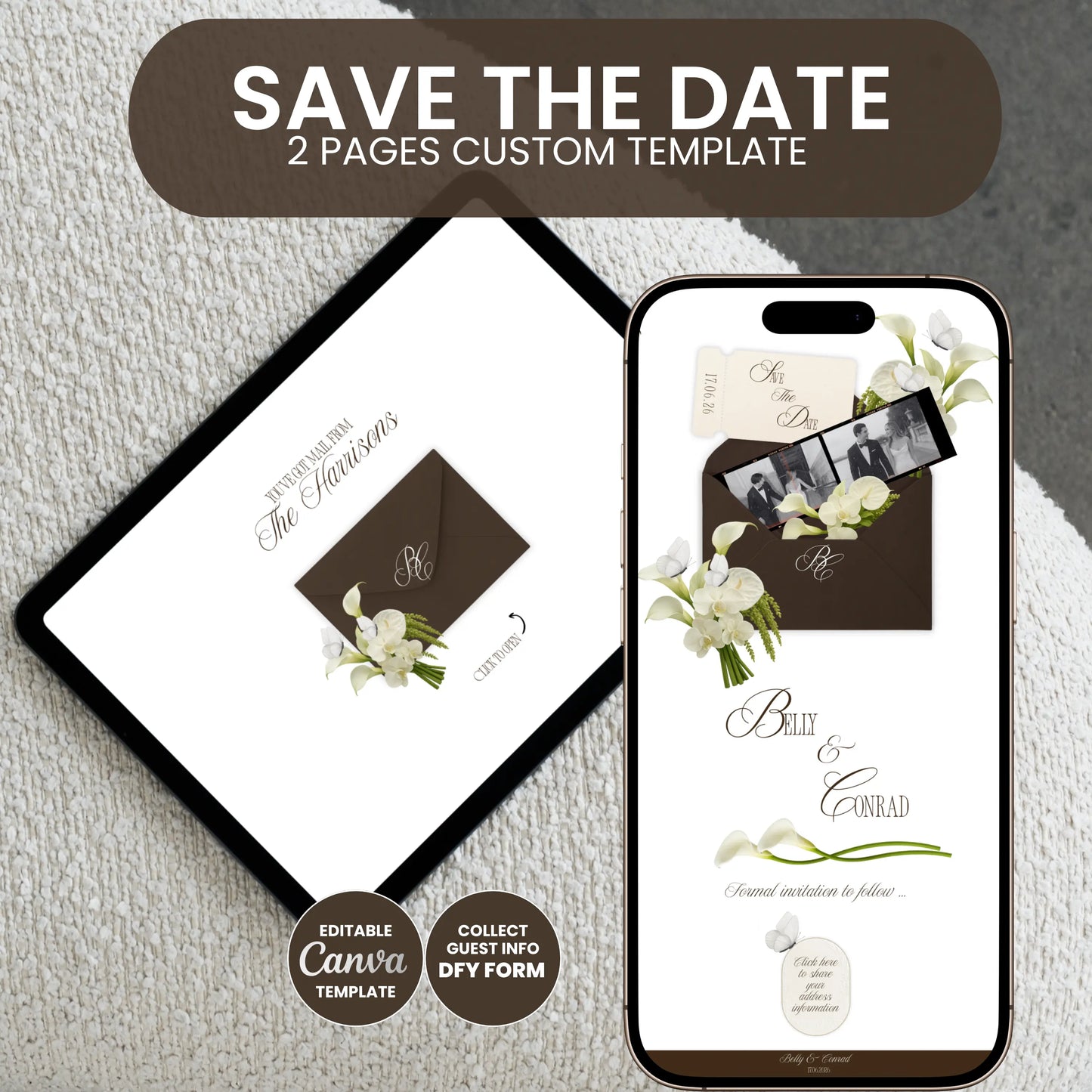 Editable Save the Date wedding website template on laptop