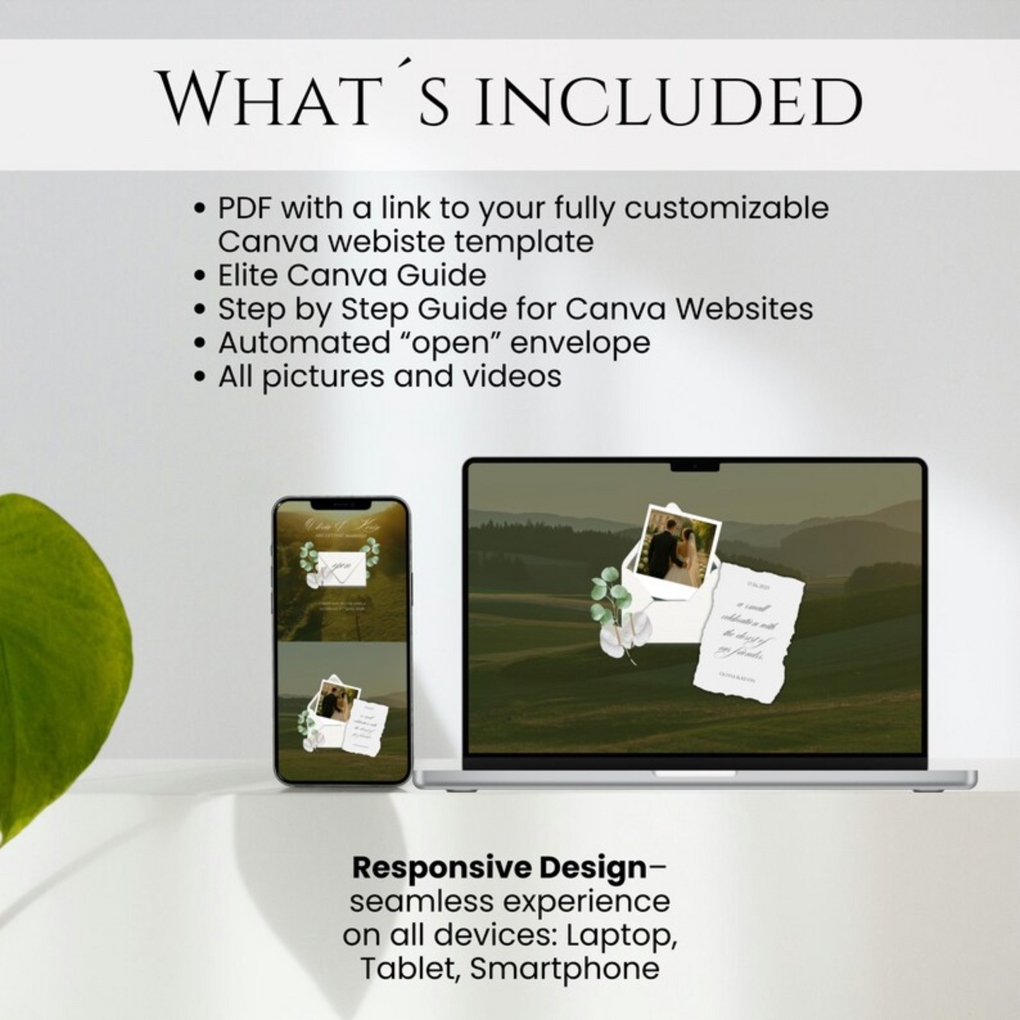 Laptop and phone mockup of digital Save the Date invitation with elegant envelope and eucalyptus in countryside old money aesthetic.