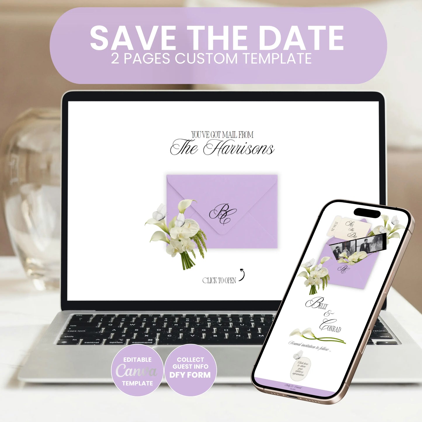 Editable Canva Save the Date wedding website shown on laptop and phone