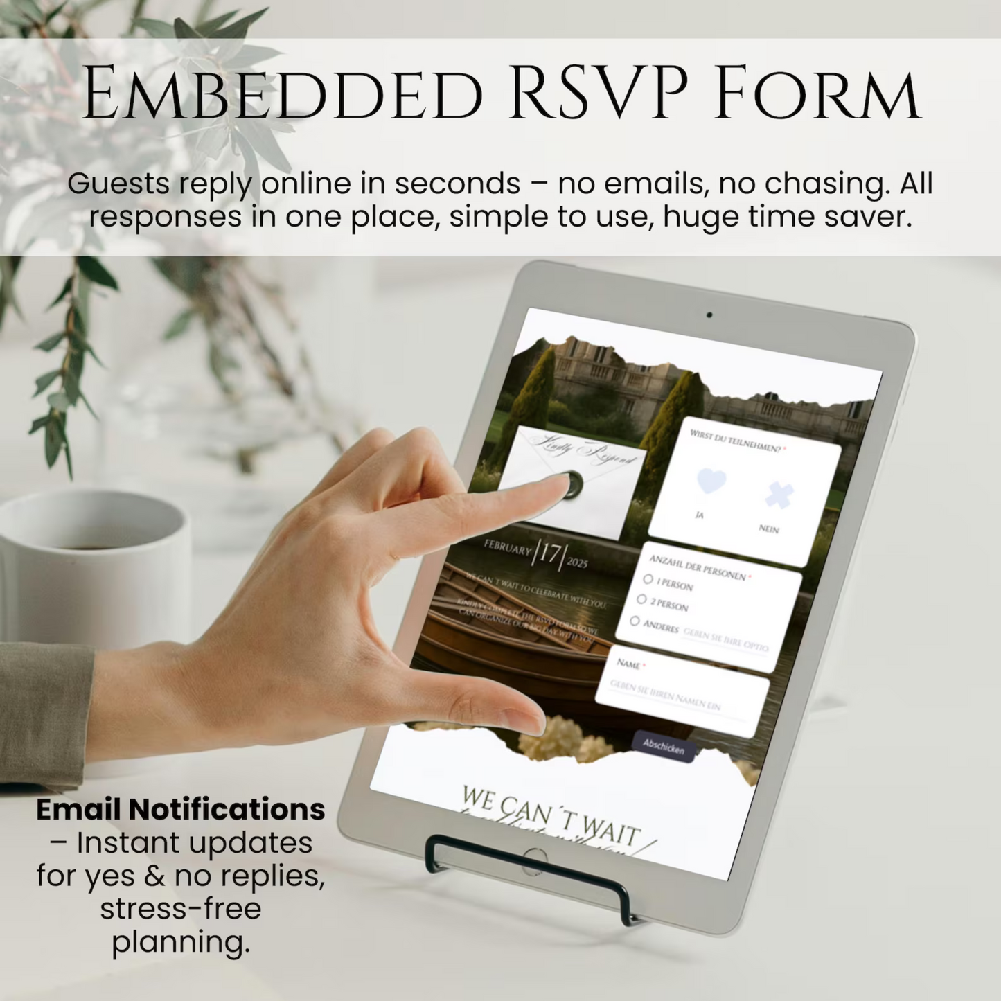 Wedding website template with embedded RSVP form. Guests reply online in seconds – stress-free planning, instant email updates included.