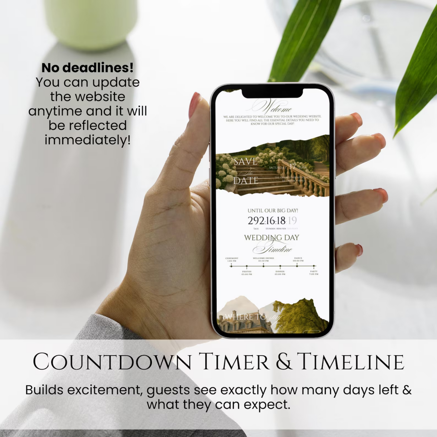 Wedding website template with countdown timer and wedding day timeline. Guests see exact schedule – luxury Italian villa greenery design. mobile version wedding invitation