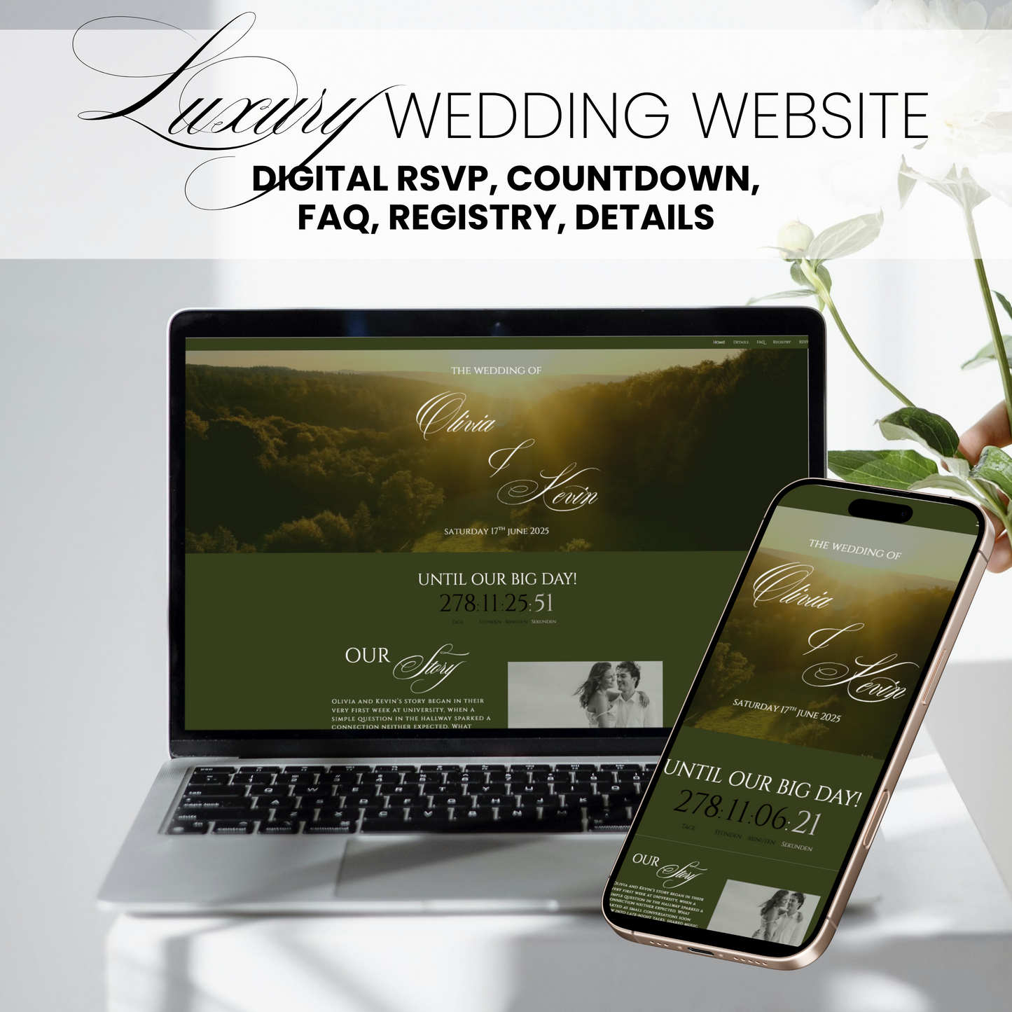 Luxury countryside wedding website template preview on laptop with countdown and story section.