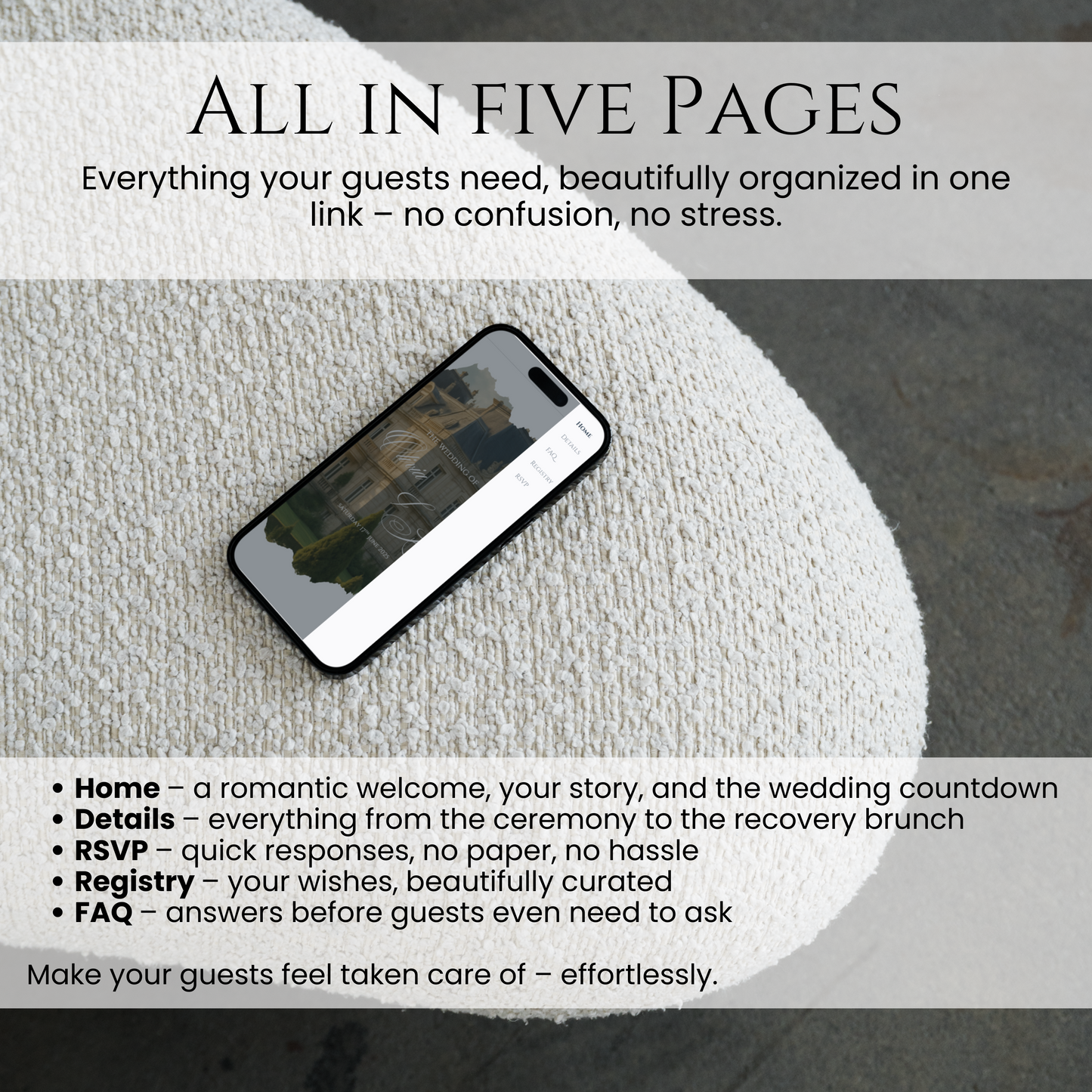 Elegant five page wedding website template with countdown, RSVP, registry and FAQ sections
