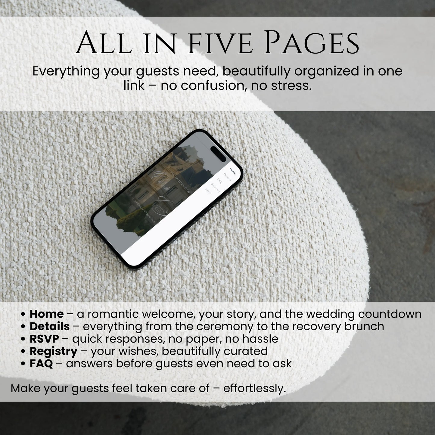 Elegant five page wedding website template with countdown, RSVP, registry and FAQ sections