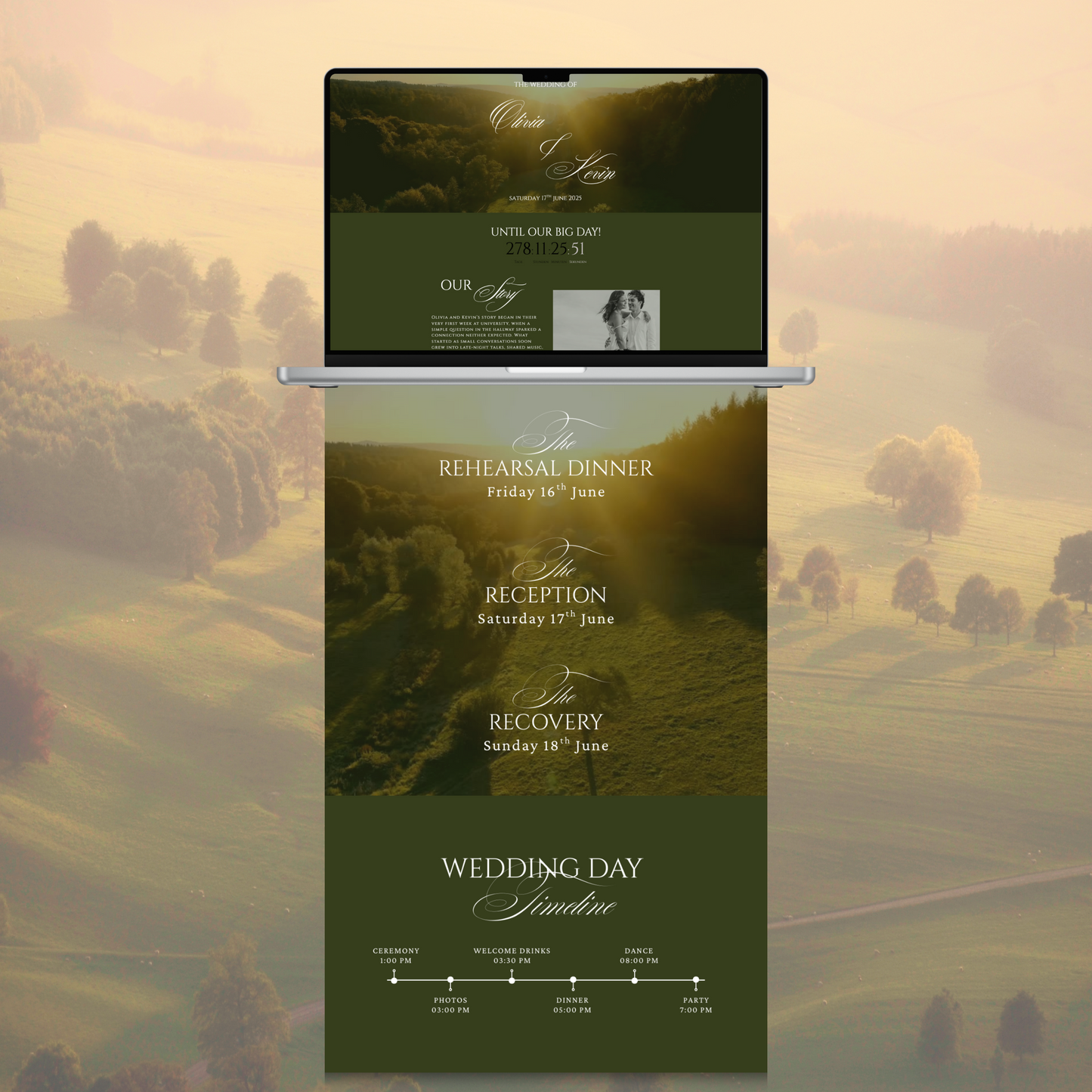 Wedding website template with countryside green aesthetic showing rehearsal dinner, reception, recovery events and full wedding day timeline.