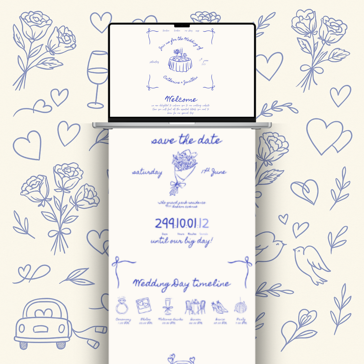 Italian doodle style bouquet wedding website example video