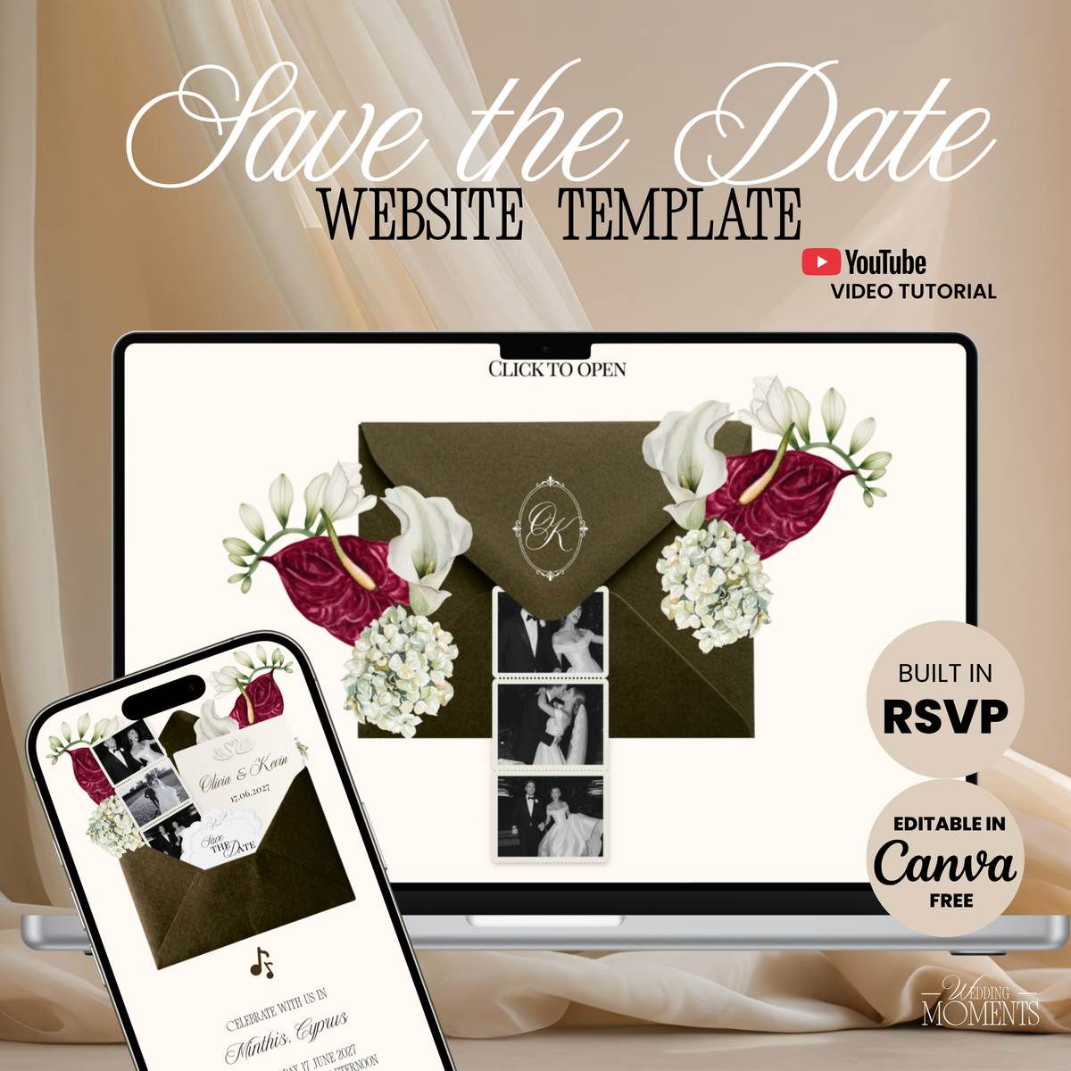 Save the Date Website Template | Olive green Envelope Photo Booth E007 Wedding Moments Digital Download Wedding Moments
