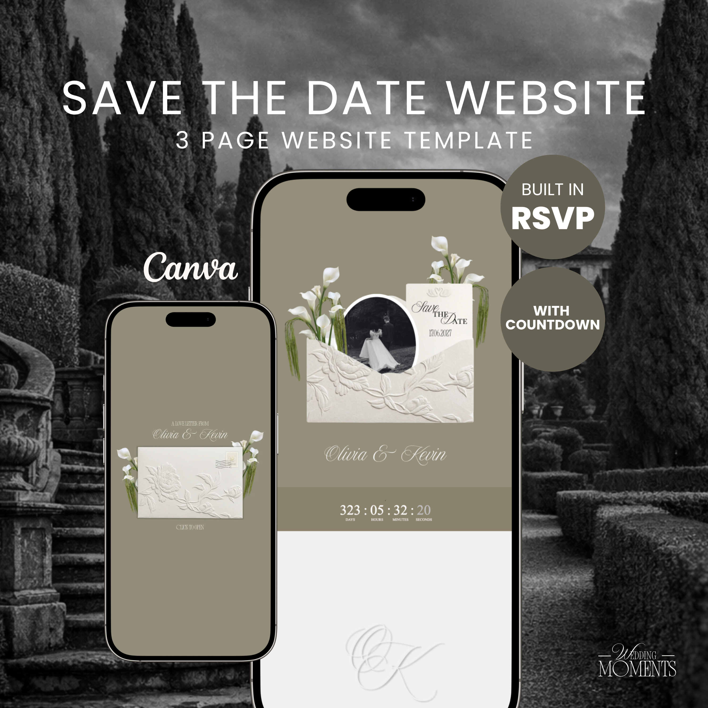 Save the Date Website Template | Floral ivory Envelope Old Money E004 Wedding Moments Digital Download Wedding Moments