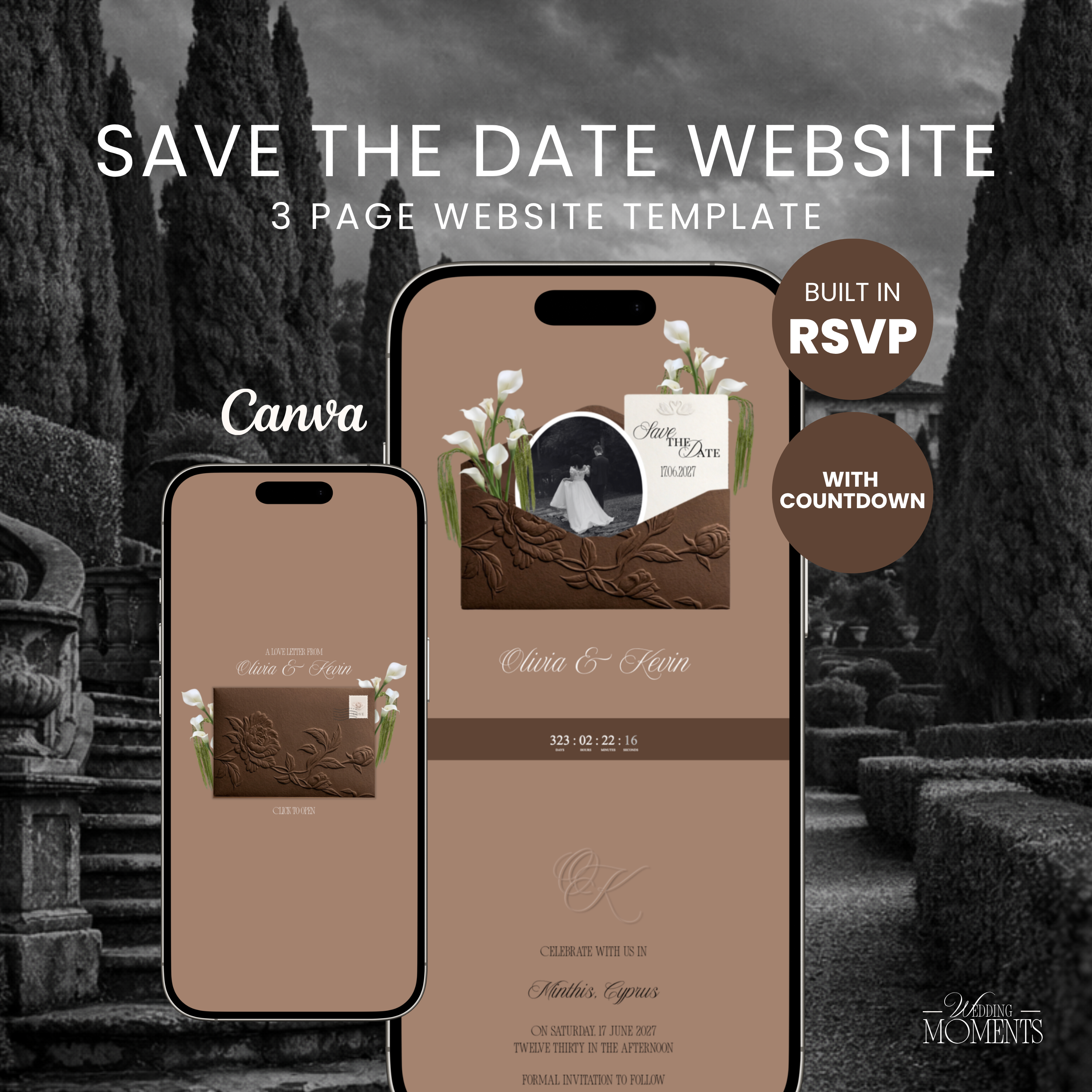Save the Date Website Template | Floral Chocolate brown Envelope Old Money E005 Wedding Moments Digital Download Wedding Moments