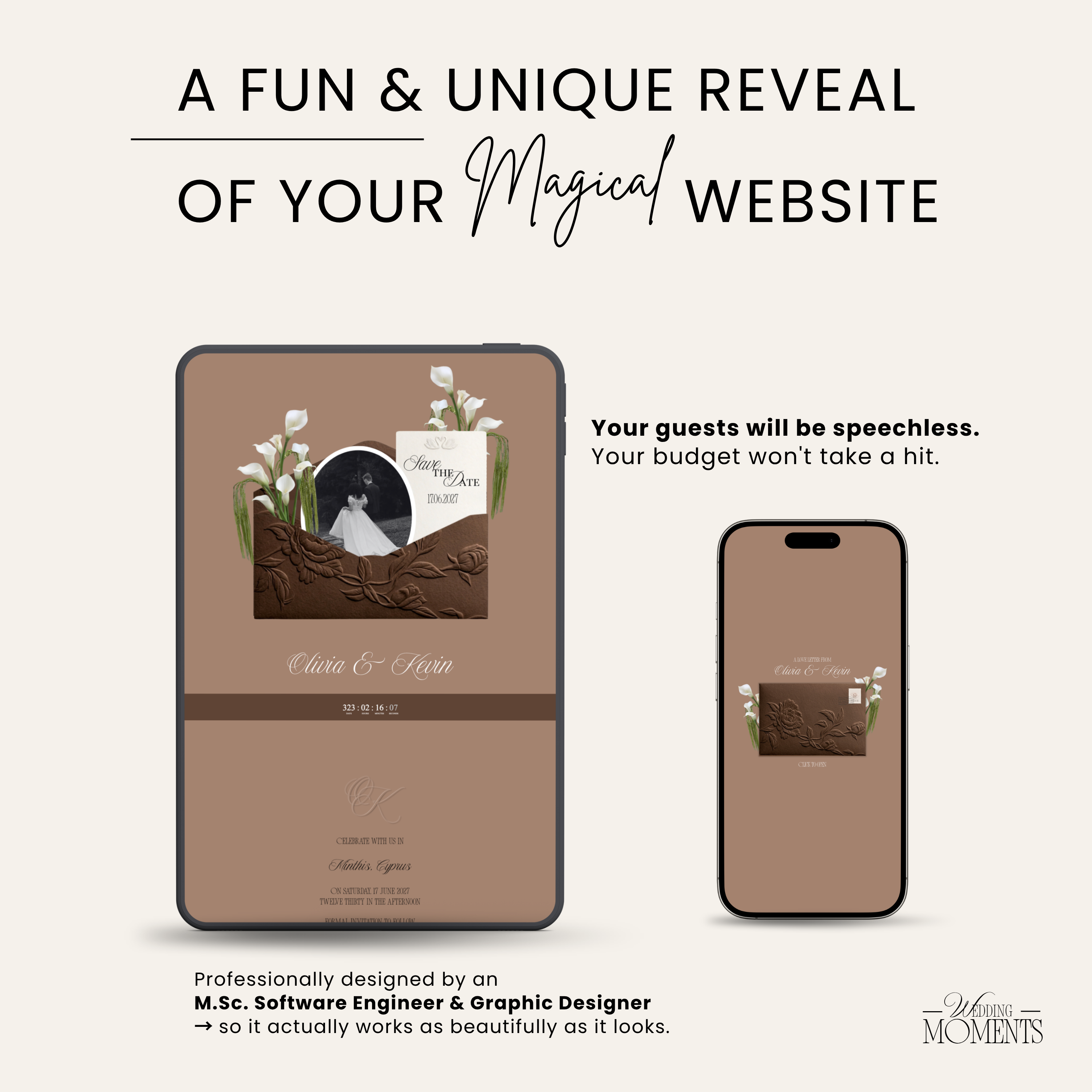 Save the Date Website Template | Floral Chocolate brown Envelope Old Money E005 Wedding Moments Digital Download Wedding Moments