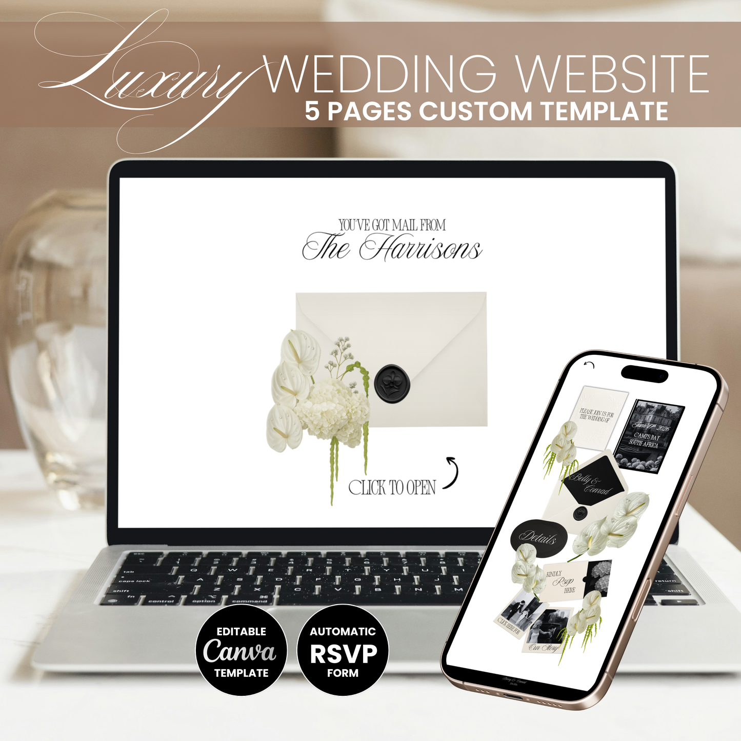 Wedding Website Template | Ivory & Black Luxury Floral Envelope