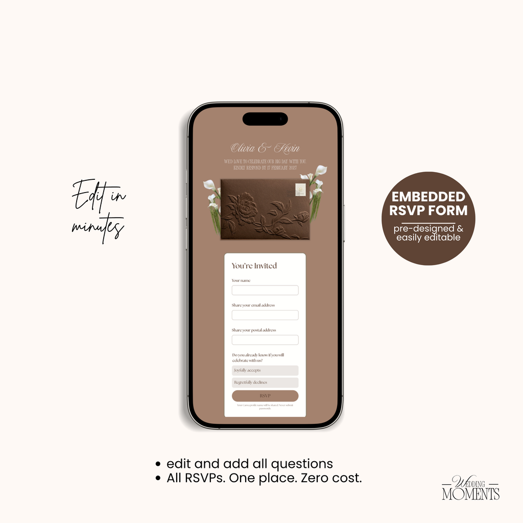 Save the Date Website Template | Floral Chocolate brown Envelope Old Money E005 Wedding Moments Digital Download Wedding Moments
