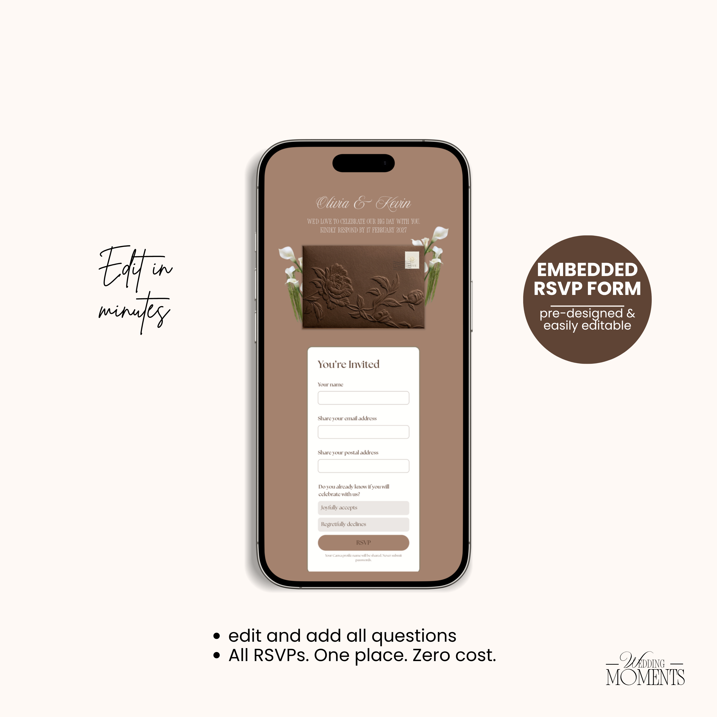 Save the Date Website Template | Floral Chocolate brown Envelope Old Money E005 Wedding Moments Digital Download Wedding Moments