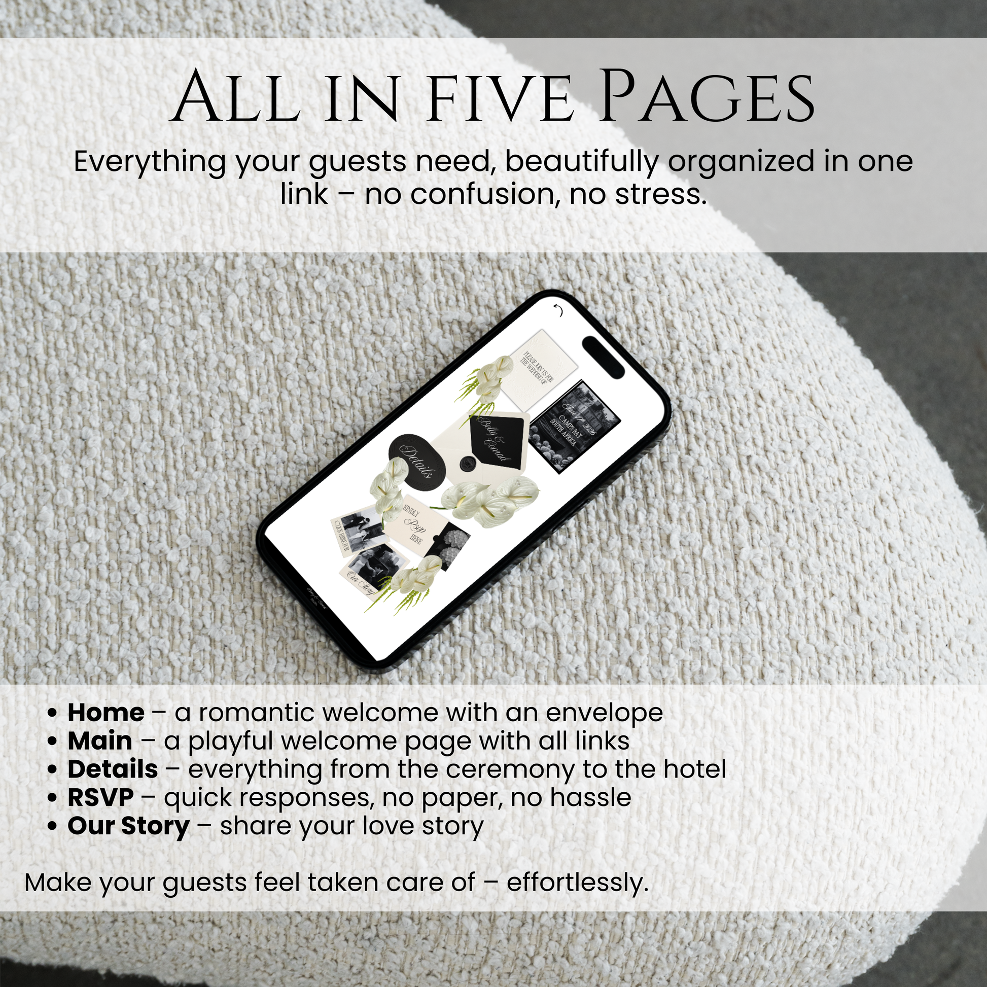 Overview of a 5-page digital wedding invitation in black and white featuring Home, Details, Schedule, Travel, and RSVP sections.