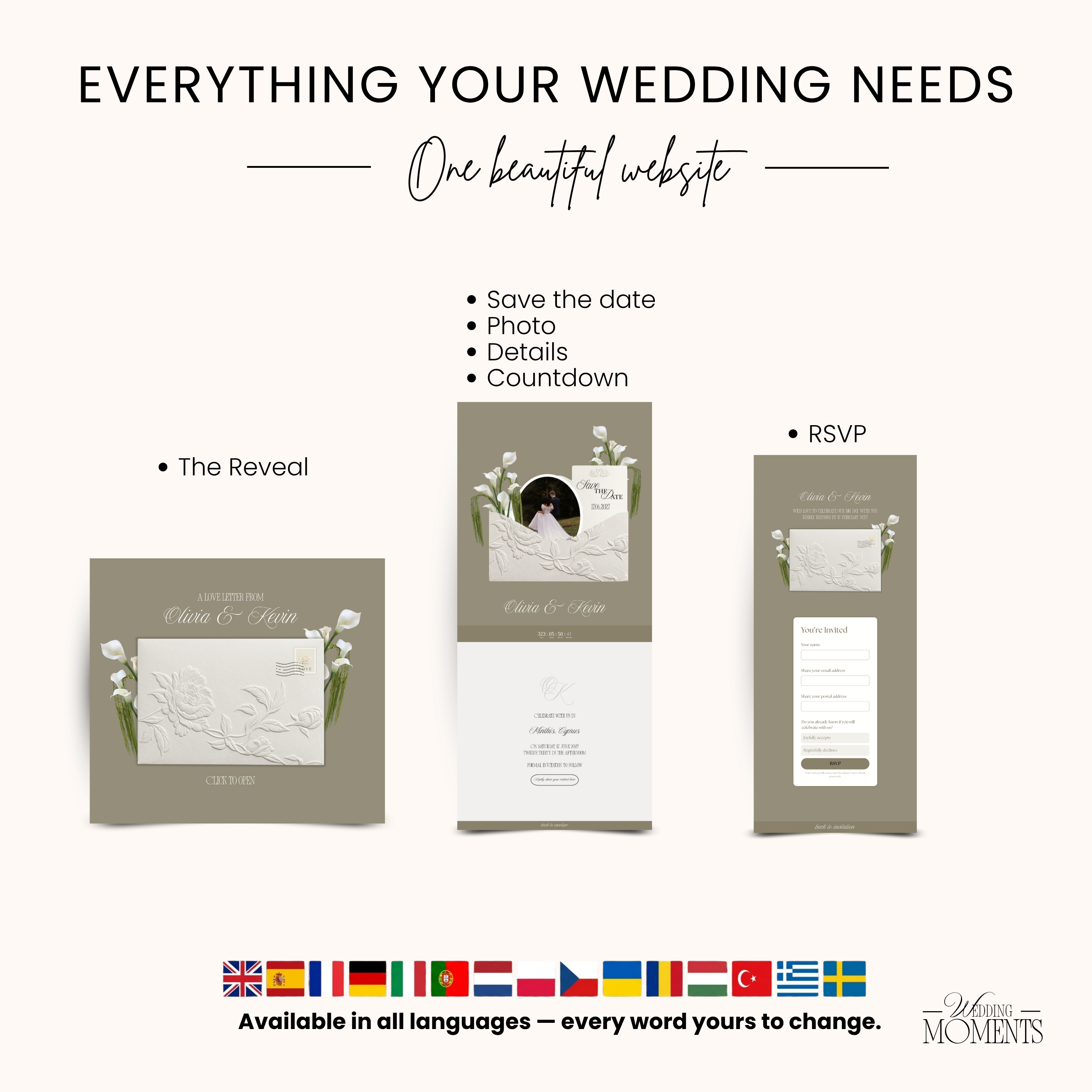 Save the Date Website Template | Floral ivory Envelope Old Money E004 Wedding Moments Digital Download Wedding Moments