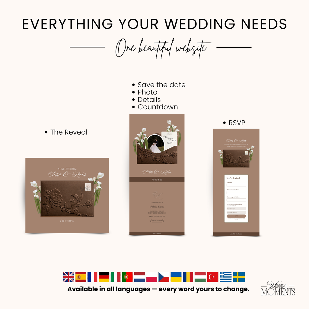 Save the Date Website Template | Floral Chocolate brown Envelope Old Money E005 Wedding Moments Digital Download Wedding Moments