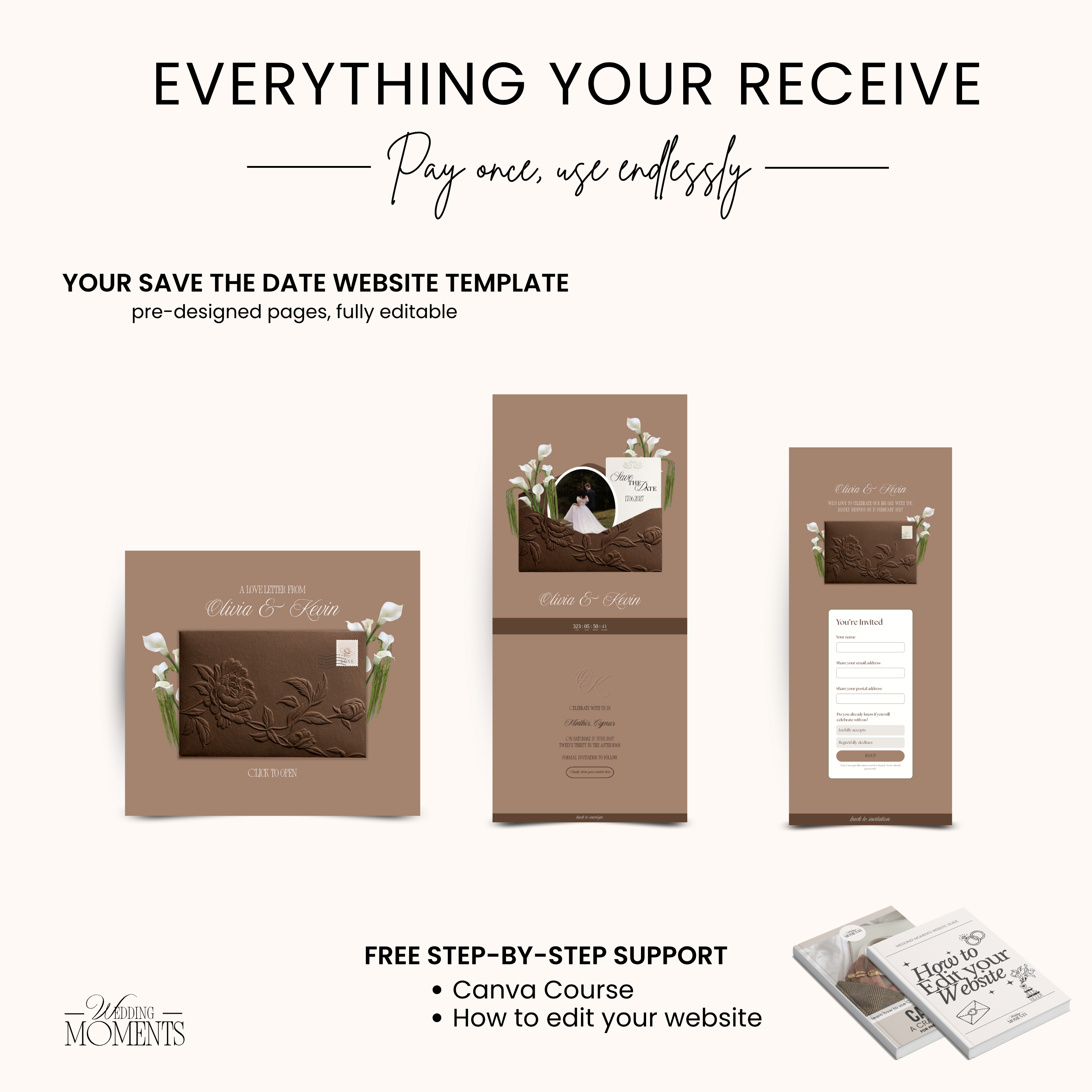 Save the Date Website Template | Floral Chocolate brown Envelope Old Money E005 Wedding Moments Digital Download Wedding Moments