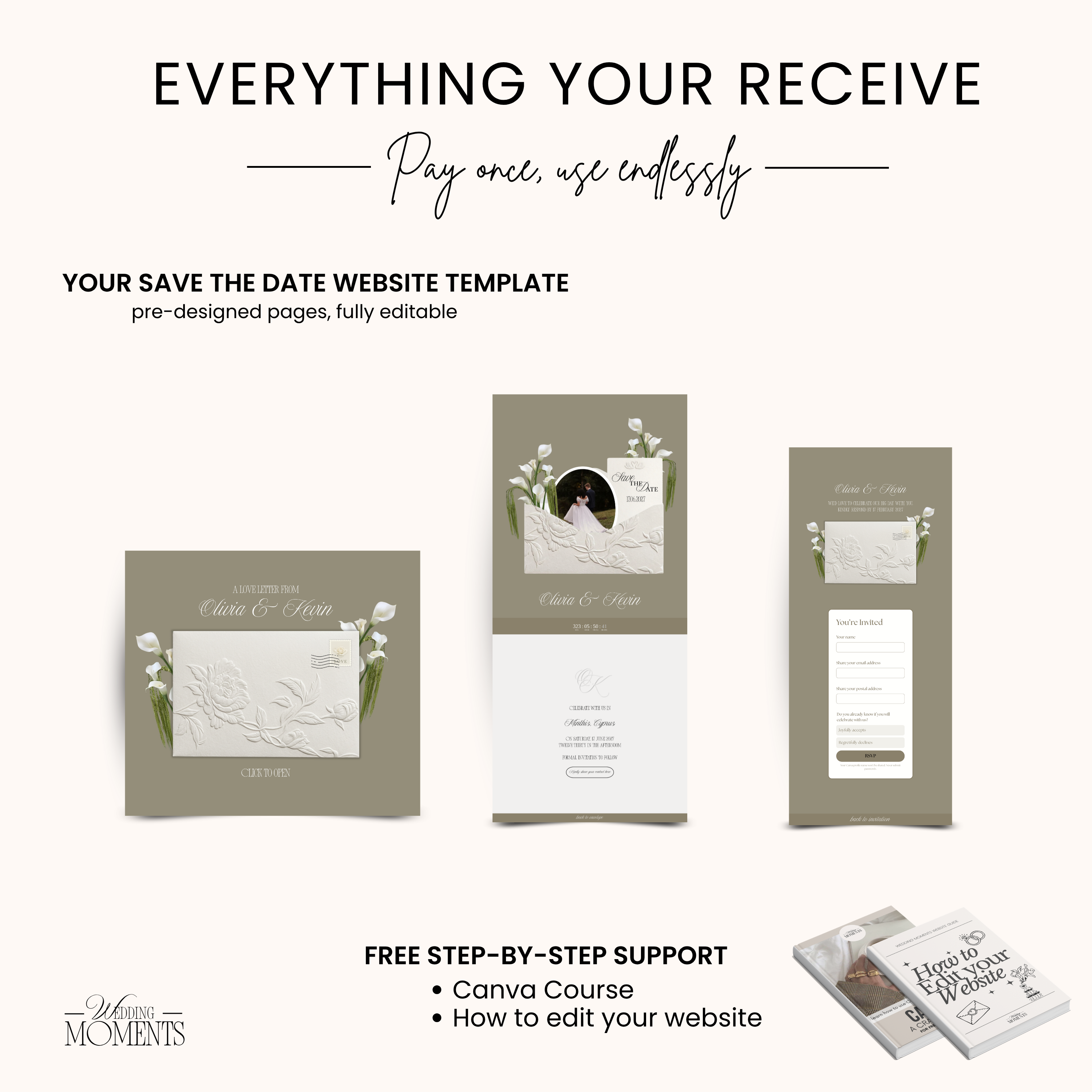 Save the Date Website Template | Floral ivory Envelope Old Money E004 Wedding Moments Digital Download Wedding Moments