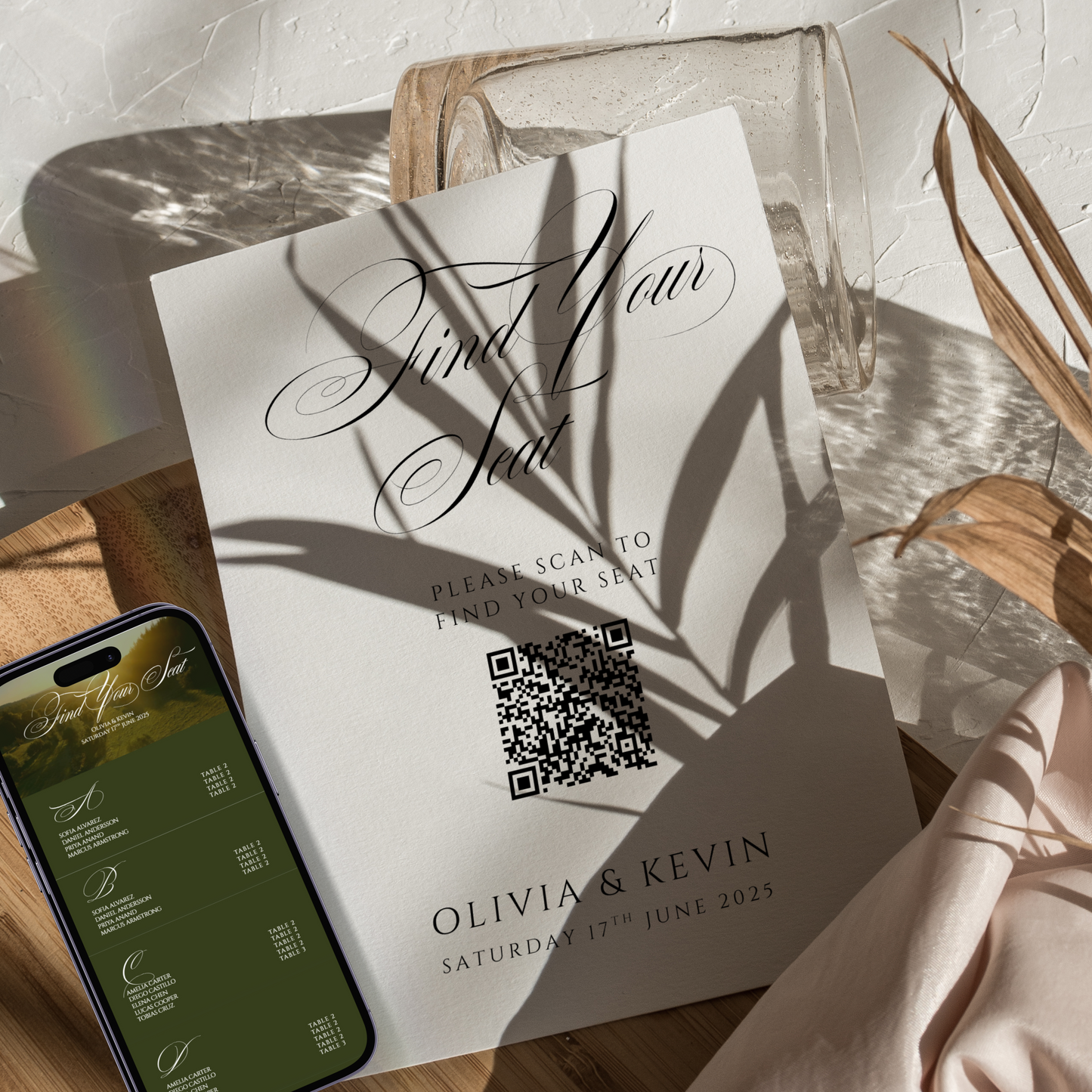 Green wedding seating chart with qr code and digital seating chart on smartphone countryside greenery old money style