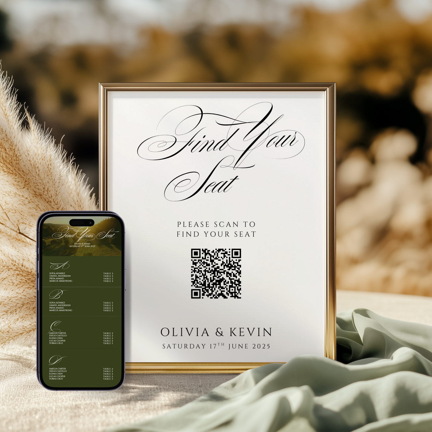Wedding seating chart sign with qr code natural shadow effect and digital seating chart on smartphone countryside old money style