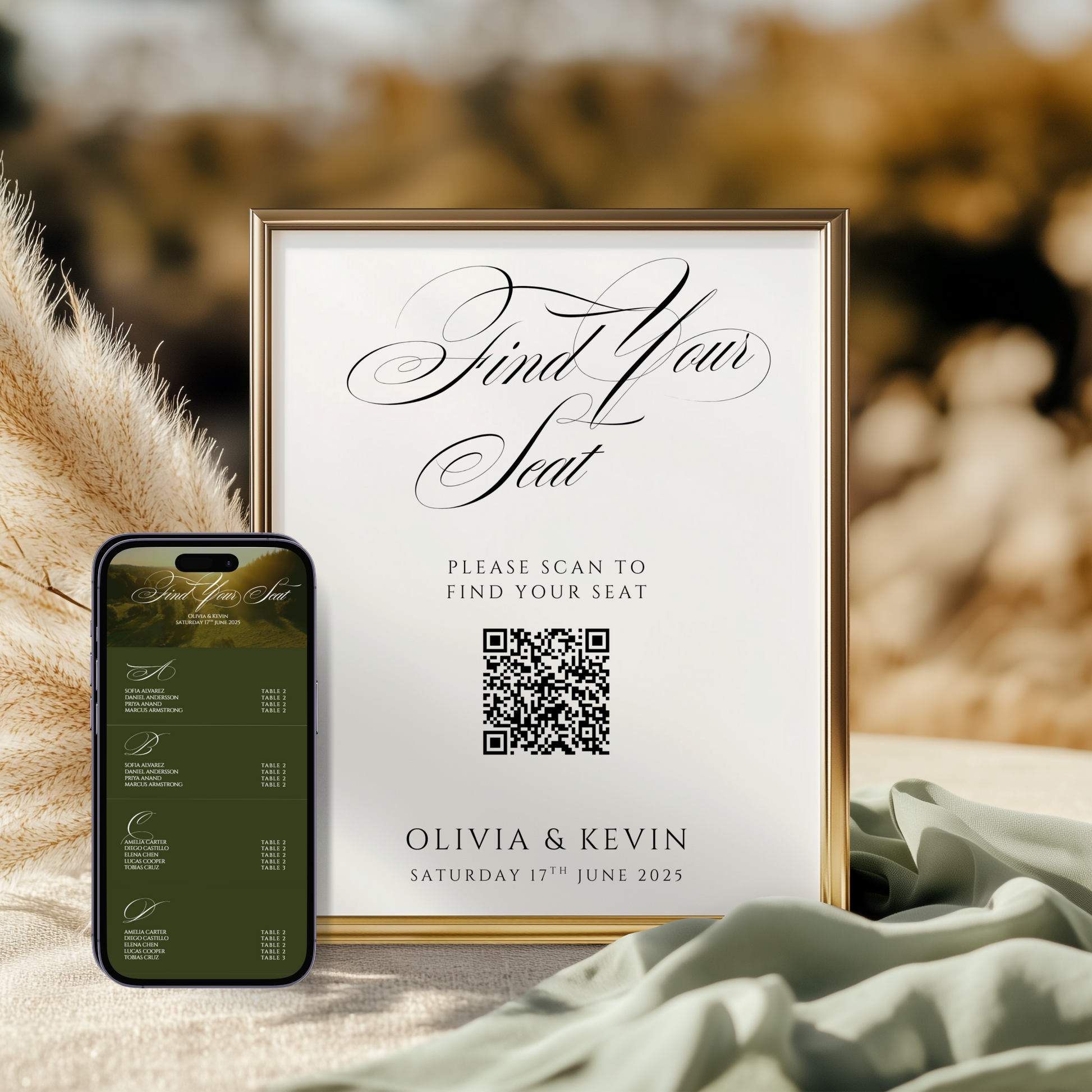 Wedding seating chart sign with qr code natural shadow effect and digital seating chart on smartphone countryside old money style