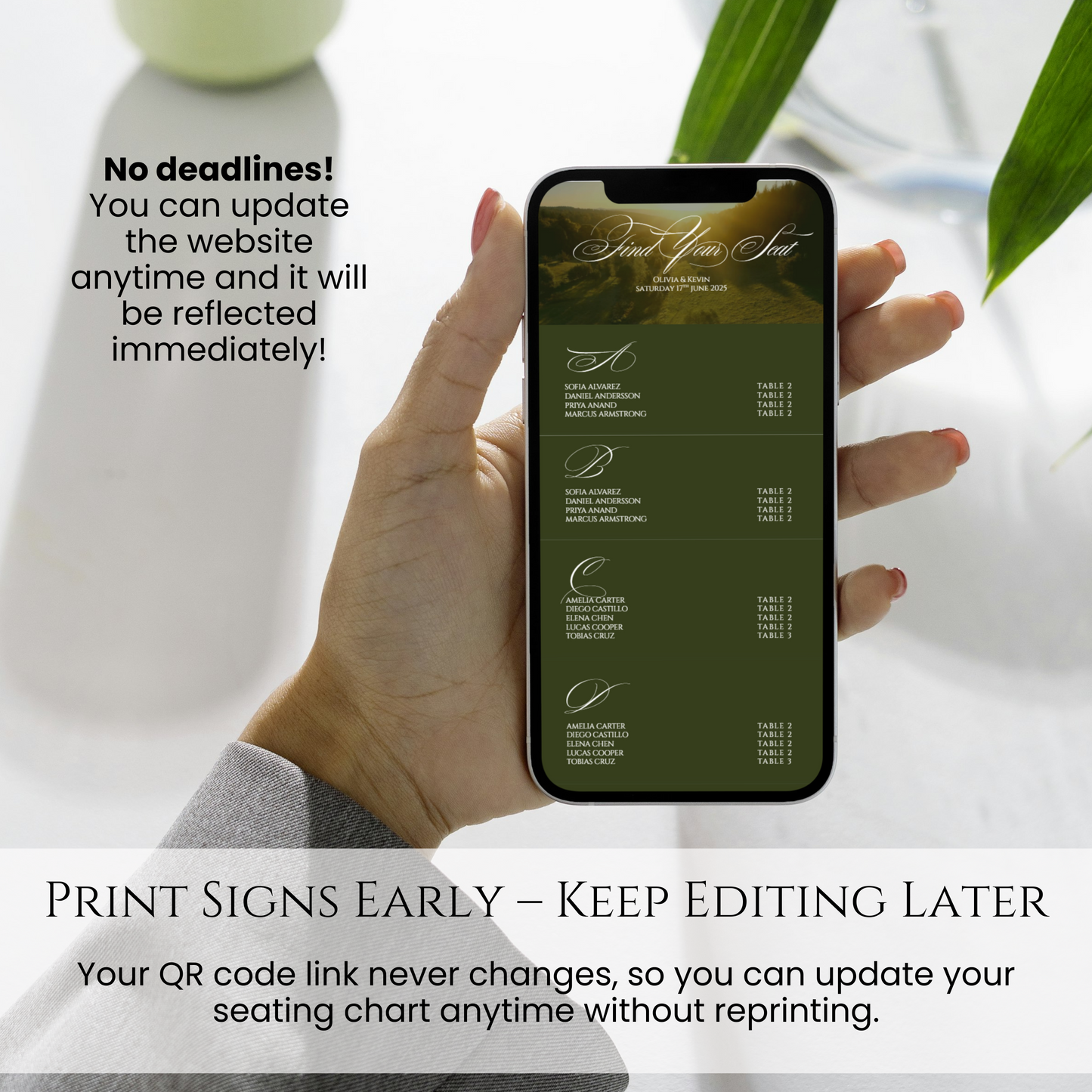 Hand holding smartphone with digital wedding seating chart qr code old money countryside greenery style
