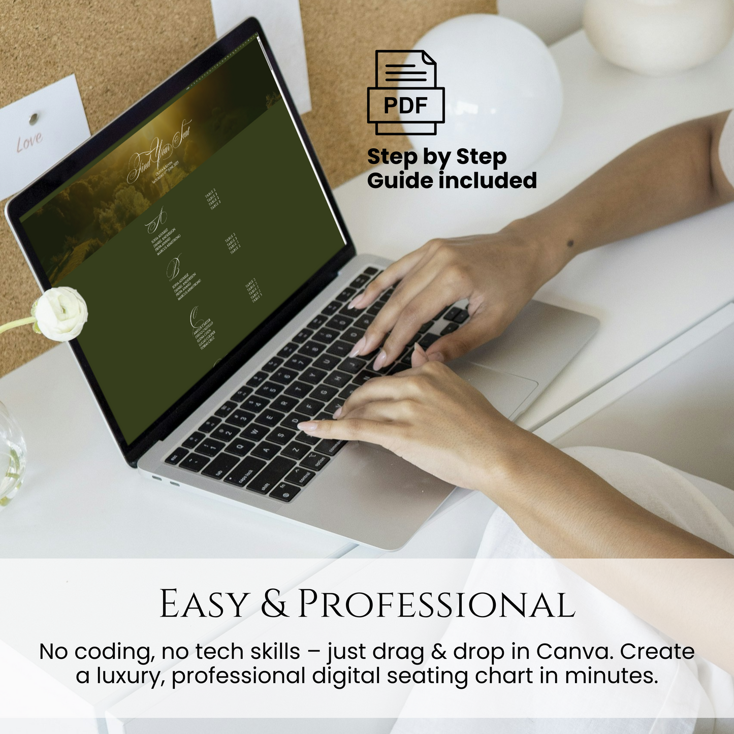 Laptop showing editable green wedding seating chart in canva with pdf guide countryside old money wedding style