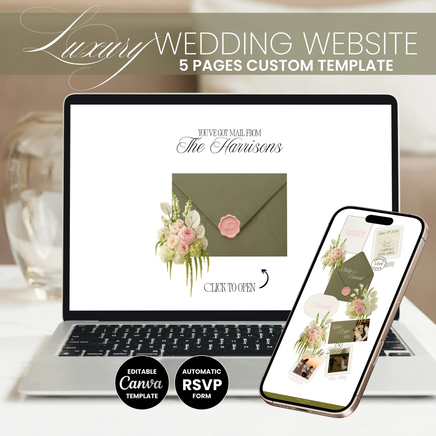 Five page olive green wedding website template overview on mobile device