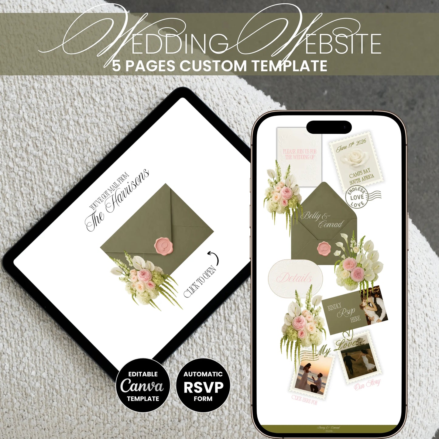 Wedding website content pages with envelope opening and live demo preview