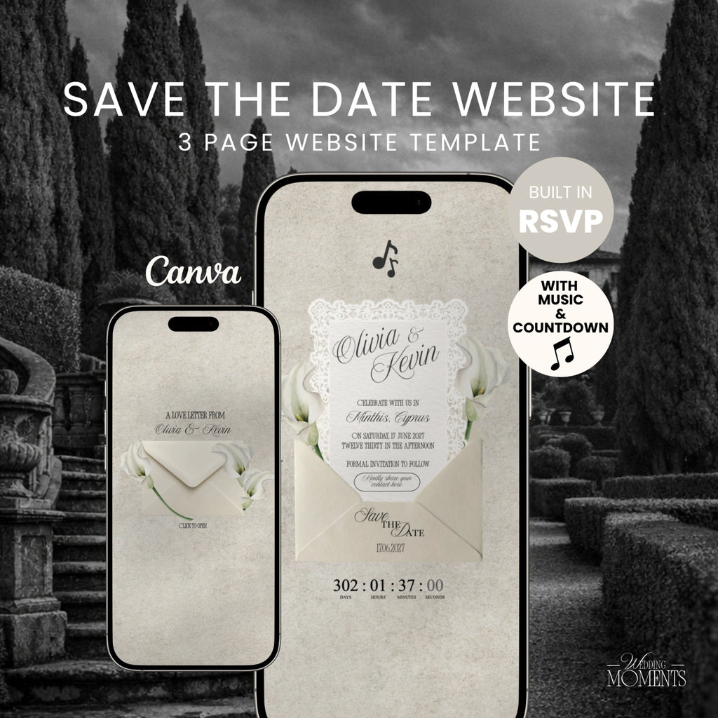 Save the Date Website Template | Floral Ivory Envelope Old Money A001_2 Wedding Moments Digital Download Wedding Moments