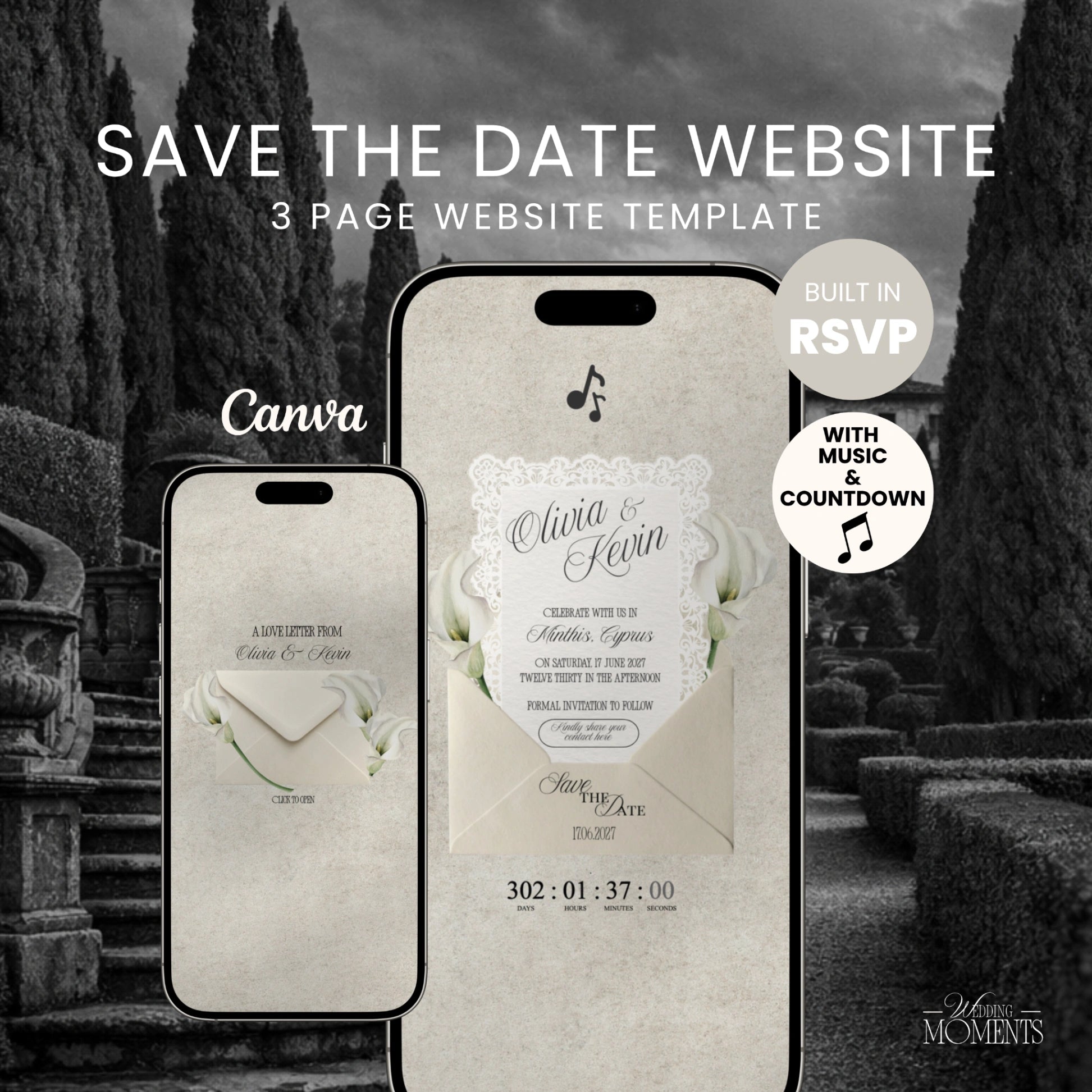 Save the Date Website Template | Floral Ivory Envelope Old Money A001_2 Wedding Moments Digital Download Wedding Moments