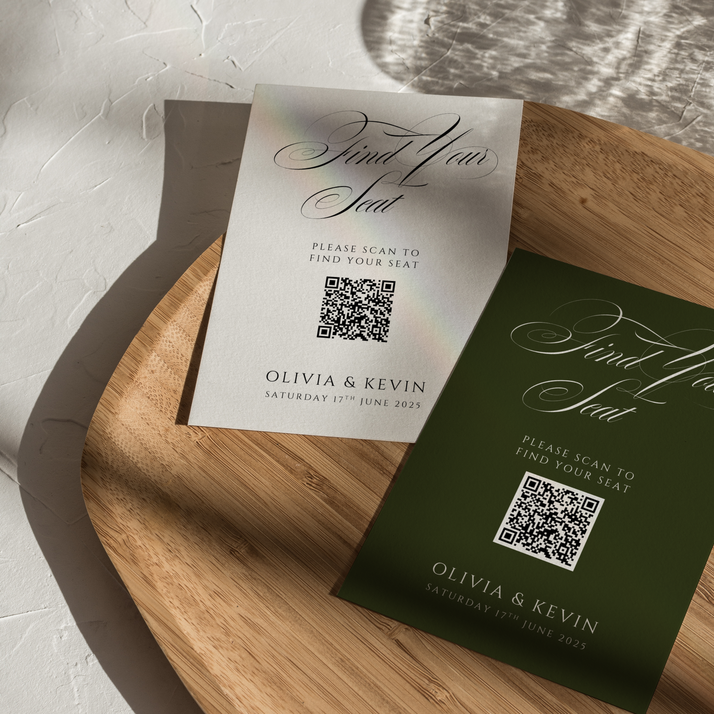 Two wedding seating chart cards white and green with qr code elegant countryside greenery old money style