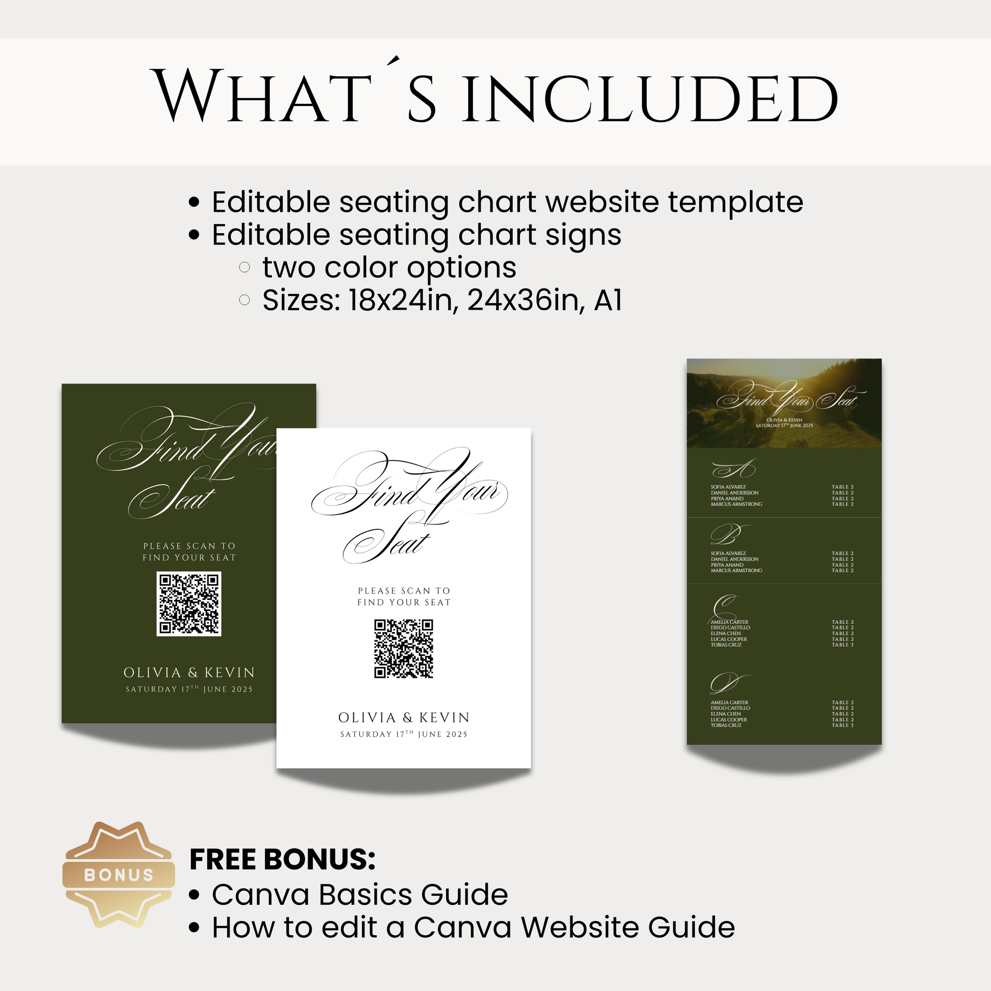 Overview of wedding seating chart bundle green and white printable qr code signs and digital seating chart countryside old money style